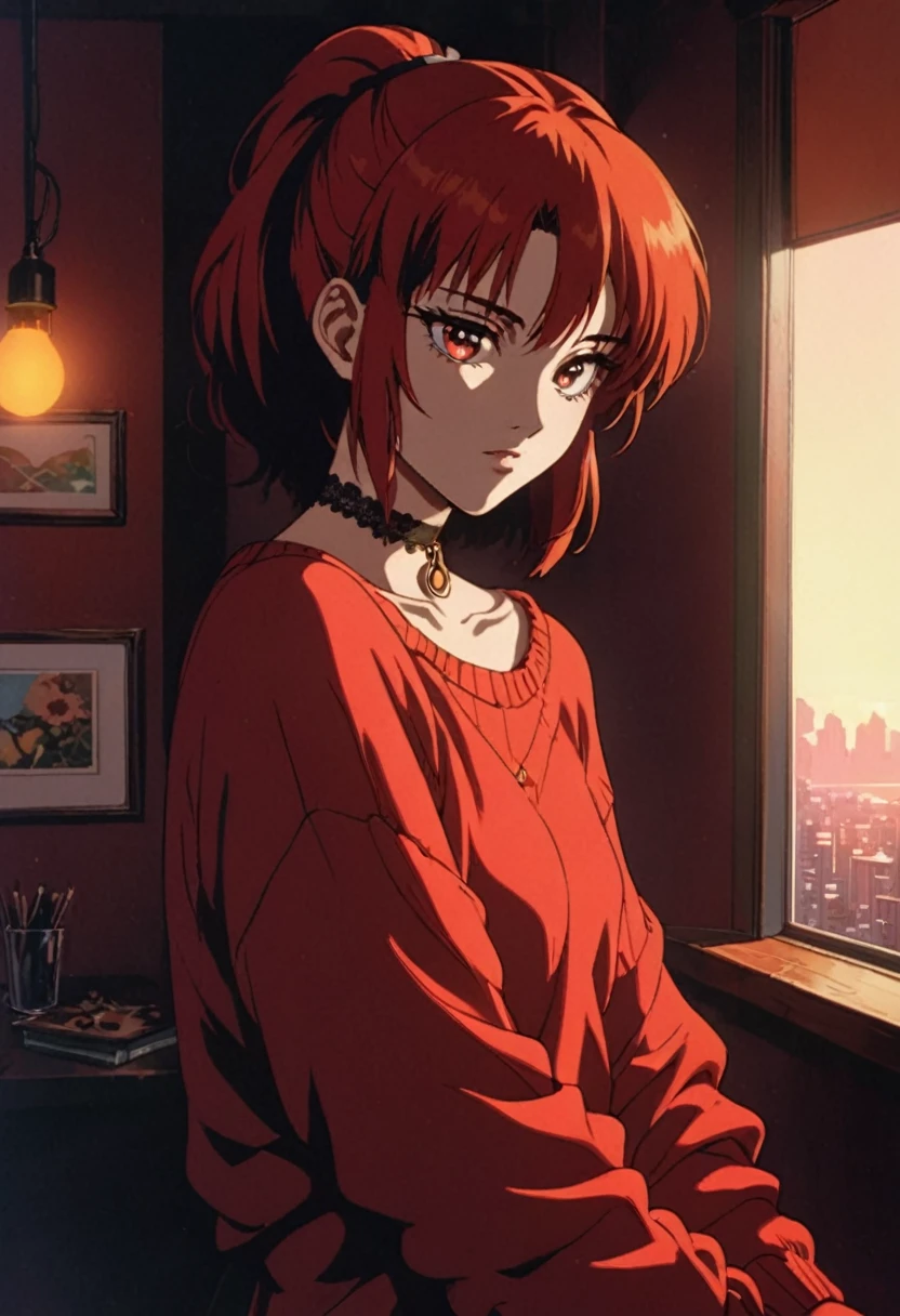 90s Cartoon art style, 90s style, 90s Aesthetics, 1 young cute iranian girl,very slim,skinny,redhead,rouge,red neck lace choker,cateyes makeup,colorful,oversize knit jumper,softcore,warm lighting,cosy atmosphere,Instagram style,red theme,upper body shot,(cinematic, black and red),(sunset beautiful background),sharp,dim colors, best quality, masterpiece, very aesthetic, perfect composition, intricate details, ultra-detailed