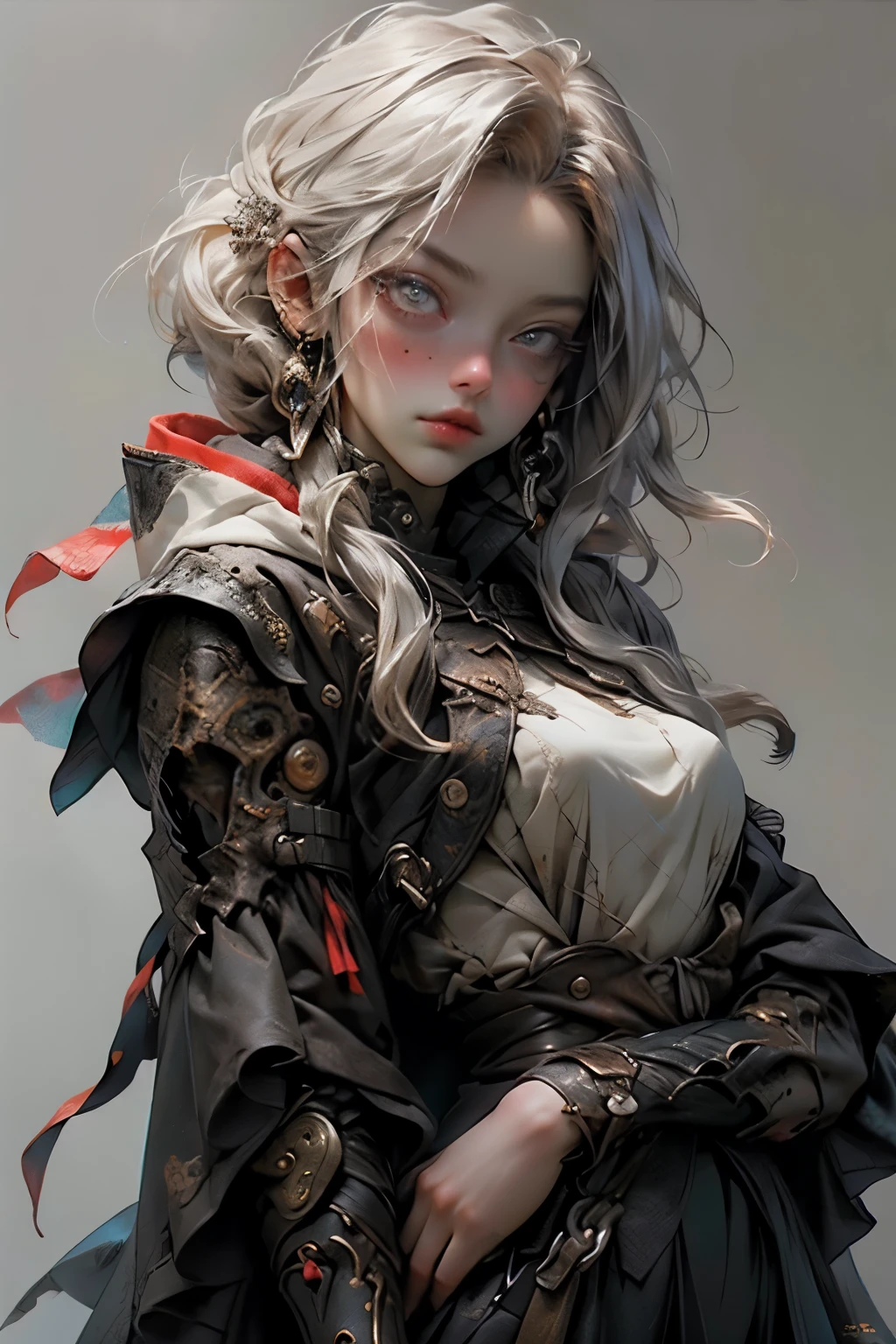 ((best quality)), ((masterpiece)), (detailed), perfect face, ((best quality)), ((masterpiece)), (detailed), perfect face(Golden ratio:1.2),(Fault color:1.3),[(White background:1.4)::10], (full bodyesbian:1.2),(Ultra-detailed:1.3), （white color background）white background, plain background, teens girl，White hair，Red glowing eyes, photorealestic,（（（Red and white trench coat））），（Red scarf)，a black pleated skirt，black t-shirts，longer sleeves，（（With a hood）），side-lighting, NSFW, Depicting female characters from ethereal anime in a high-quality anime art style，，，8K，Red and white shoes with a sense of technology，(chaotic geometric images:1.3),(nagative space:0.8), (ether colorful ink flowing:1.3), a knight, white background, plain background, Bloodborne inspired, tatty Bloodborne attire, occult aesthetic, occult, tatty red and white clothing detailed and intricate steampunk and detailed gothic lolita (with a hood), long coat, Complex laced boots, Fluttering lace flared long knee length dress with frilly petticoats, long dress, knee length dress, pleated petticoats, lolita dress, petticoats gothic lolita, beautiful small breasts, (((( Highly detailed face))), small thin nose, Small thin lips mouth, (((Very sharp focused eyes))), Very large slit precision pale grey eyes that shine like jewels. very long eyelashes, Silver hair swaying in the wind, Emitting a dazzling light in a mandala pattern, white background, Very dramatic and cinematic lighting, tatty damaged old red and white clothing, full body, whole body, body, cosmic horror, grim dark