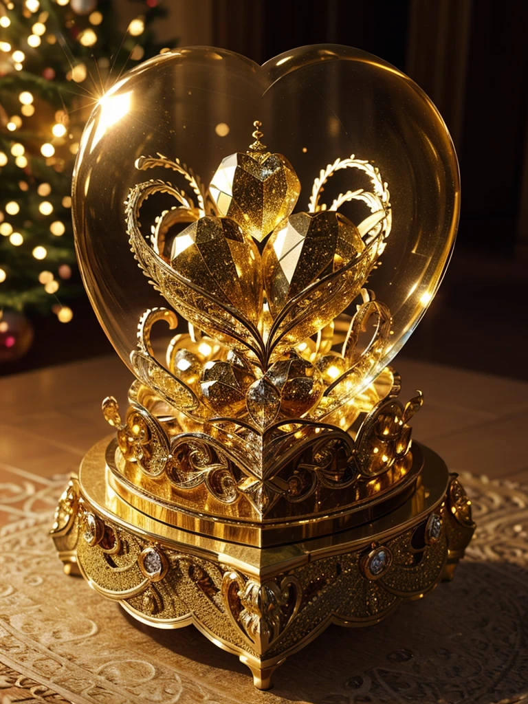 A captivating 3D rendering of a luxurious crystal heart, intricately engraved with the name - " I Love You" - in bold, cursive gold typography. The heart emits a warm, golden glow, contrasting beautifully against the backdrop of illuminated trees and twinkling gold balloons. The festive atmosphere is further enhanced by the presence of the heart, which exudes elegance and sophistication. This enchanting creation masterfully combines complex design, a celebratory ambiance, and exceptional 3D rendering, making it the perfect addition to any festive occasion. The blend of illustration, photography, product design, typography, and 3D rendering creates an unforgettable and visually captivating experience. typography, illustration, photo, product, 3d render,symetrical, glowing, neon ambiance, intricate details, spirals, diamondeffect, mirroring, inglaze