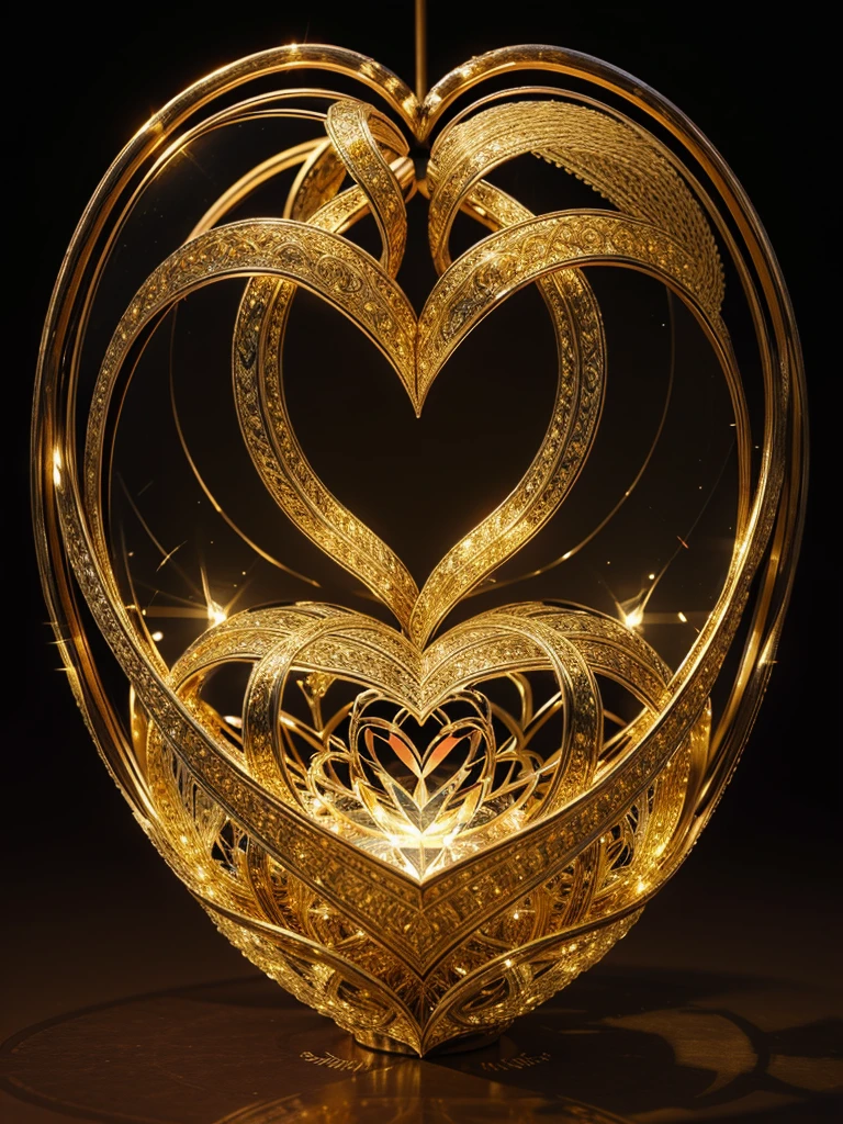 A captivating 3D rendering of a luxurious crystal heart, intricately engraved with the name - " I Love You" - in bold, cursive gold typography. The heart emits a warm, golden glow, contrasting beautifully against the backdrop of illuminated trees and twinkling gold balloons. The festive atmosphere is further enhanced by the presence of the heart, which exudes elegance and sophistication. This enchanting creation masterfully combines complex design, a celebratory ambiance, and exceptional 3D rendering, making it the perfect addition to any festive occasion. The blend of illustration, photography, product design, typography, and 3D rendering creates an unforgettable and visually captivating experience. typography, illustration, photo, product, 3d render,symetrical, glowing, neon ambiance, intricate details, spirals, diamondeffect, mirroring, inglaze 