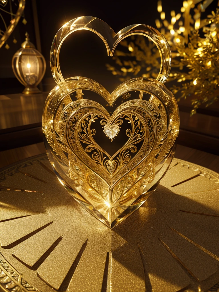 A captivating 3D rendering of a luxurious crystal heart, intricately engraved with the name - " I Love You" - in bold, cursive gold typography. The heart emits a warm, golden glow, contrasting beautifully against the backdrop of illuminated trees and twinkling gold balloons. The festive atmosphere is further enhanced by the presence of the heart, which exudes elegance and sophistication. This enchanting creation masterfully combines complex design, a celebratory ambiance, and exceptional 3D rendering, making it the perfect addition to any festive occasion. The blend of illustration, photography, product design, typography, and 3D rendering creates an unforgettable and visually captivating experience. typography, illustration, photo, product, 3d render,symetrical, glowing, neon ambiance, intricate details, spirals, diamondeffect, mirroring, inglaze