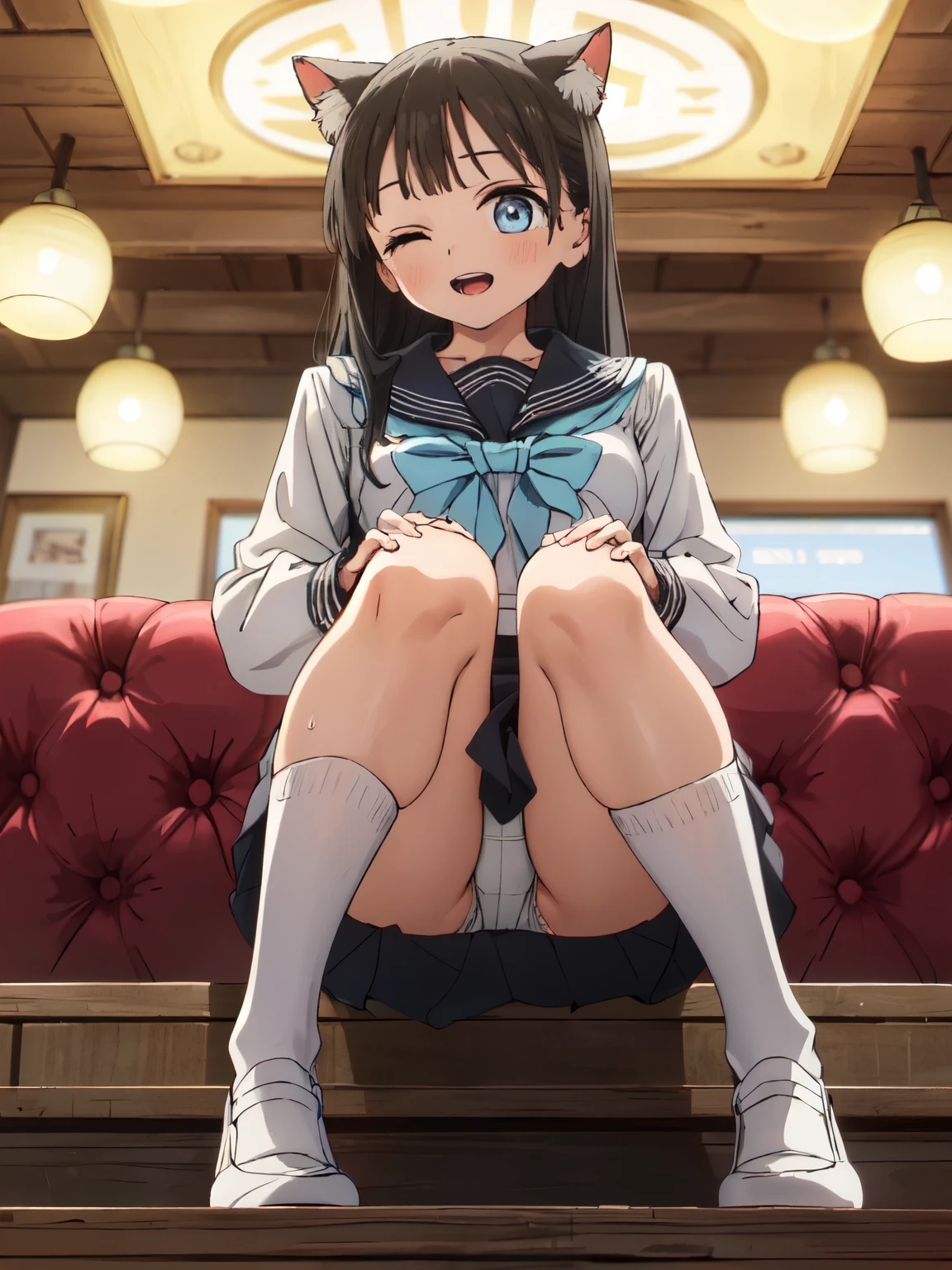 ((best quality)),((highly detailed)),masterpiece,absurdres,detailed face,beautiful face,(detailed eyes, deep eyes),(1girl),((dynamic pose)), akebik, blue bow, blue eyes, side ponytail, , blue hair, bangs,walking, at night, (eyes looking away from the viewer:1.3, looking away from viewer:1.3), hands in pocket, nighttime, city streets, neon signs, crowd behind, 1girll,((There is a five-pointed star in the eye))Gorgeous Hair in Long Purple,Smile,Open mouth,the maid outfit,Blushlush,Cat ears,sofe,sitting in the couch,white stockings,One eye closed,Holding a cat cat, 1girl, , skirt, solo, long hair, blue eyes, serafuku, black hair, sailor collar, shirt, long sleeves, blurry, looking at viewer, bow, blurry background, white shirt, stairs, pleated skirt, black skirt, smile, blue bow, bangs, depth of field, black sailor collar, standing, indoors, neckerchief, closed mouth, bowtie, blue skirt, akebisailor, Girl seen from the floor, It's okay to wear a skirt, View from below, I can see my panties, medium breasts, ((Very detailed)), (Perfectly detailed face), (Highly detailed hands), Photorealistic images,White panty,up skirt,Lace panties, Girl seen from the floor, It's okay to wear a skirt, View from below, I can see my panties, medium breasts, ((Very detailed)), (Perfectly detailed face), (Highly detailed hands), Photorealistic images,White panty,up skirt,Lace panties, a girl shirt and skirt, seated showing her underwear, ((a view from below)), stockings or pantyhose, ((upskirt)), camel toe, sexy underwear, medium breasts, legs open, (very detailed), (perfectly detailed face), (detailed face), (detailed hand), photorealistic image. 32K, 8K, (In the chest:1.2), Arms above the head, ((Opening legs)), masterpiece, Gorgeous lace string underwear in dark blue、((T-back panties that dig into the crotch))、Japan idle, Wide waist, ((open one's legs)), (Sloppily open your mouth), (Open both eyes wide), sweaty and shiny skin, Brown hair, poneyTail、Look at viewers , full body Esbian、per