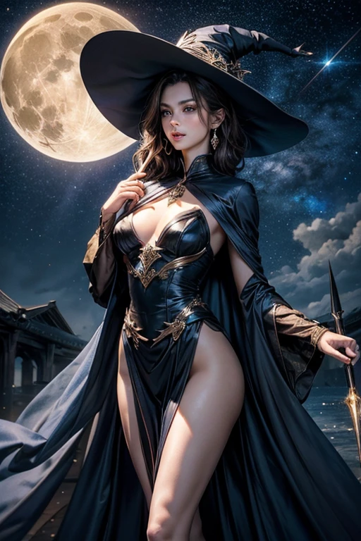 A beautiful female wizard wearing a large hat、Wizard、1 girl、(Delicate face、Detailed eyes and face、double eyelid、Glossy lips)、Dark brown updo、Mage's Clothing、Highly detailed costume、(She cast a spell、A flash of light shoots from the tip of a large magic wand:1.2)、The gaze is on the tip of the stick、Mature adult woman、Slim Waist、Sharp long legs、(8K,highest quality, masterpiece、Ultra-high resolution)、Full body portrait, High-definition skin texture、night、Starry Sky、full moon、Realistic、Official Art、Ultra-realistic、Dramatic lighting