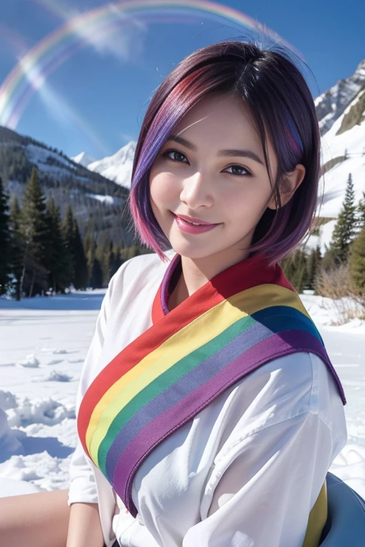 25 ans, ((detailed face, colorful rainbow hair:1.2)), yeux bleus, delicate, poudre de contour, sexy, French touch, cheveux de longueur moyenne, grains de beauté, sourire romantique, Seductive look, bonne couverture, éclairée par les flashs des photographes, skin details, pores de la peau, Appareil photo numérique Kodak Smile 10MP, cheveux moyens, rougit, (des mains parfaites), posant dans la neige, assise dans la neige, paysage alpin enneigé, combinaison en cuir arc-en-ciel