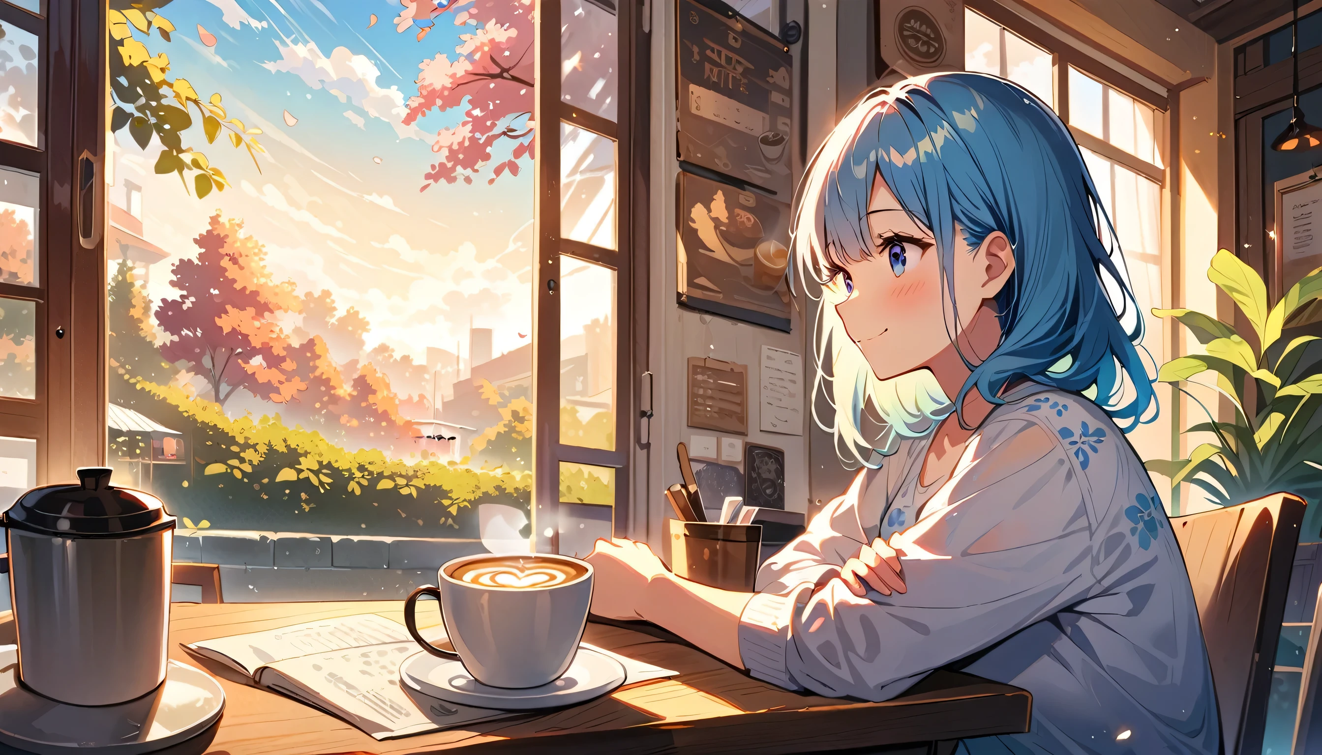 girl with, smiling,  coffee, cafes, The table,  straw, sunlights, window, cozily, calm, Floral, aesthetic, pastels, slice of life, relaxation, morning, leisure, serene, Warm atmosphere, steams, placid, dream, aromatic, Latte art, Boken, potted plant, cherry trees, red blush, pondering, gentle, delicate, capricious, blue hairs, Wave motif pattern