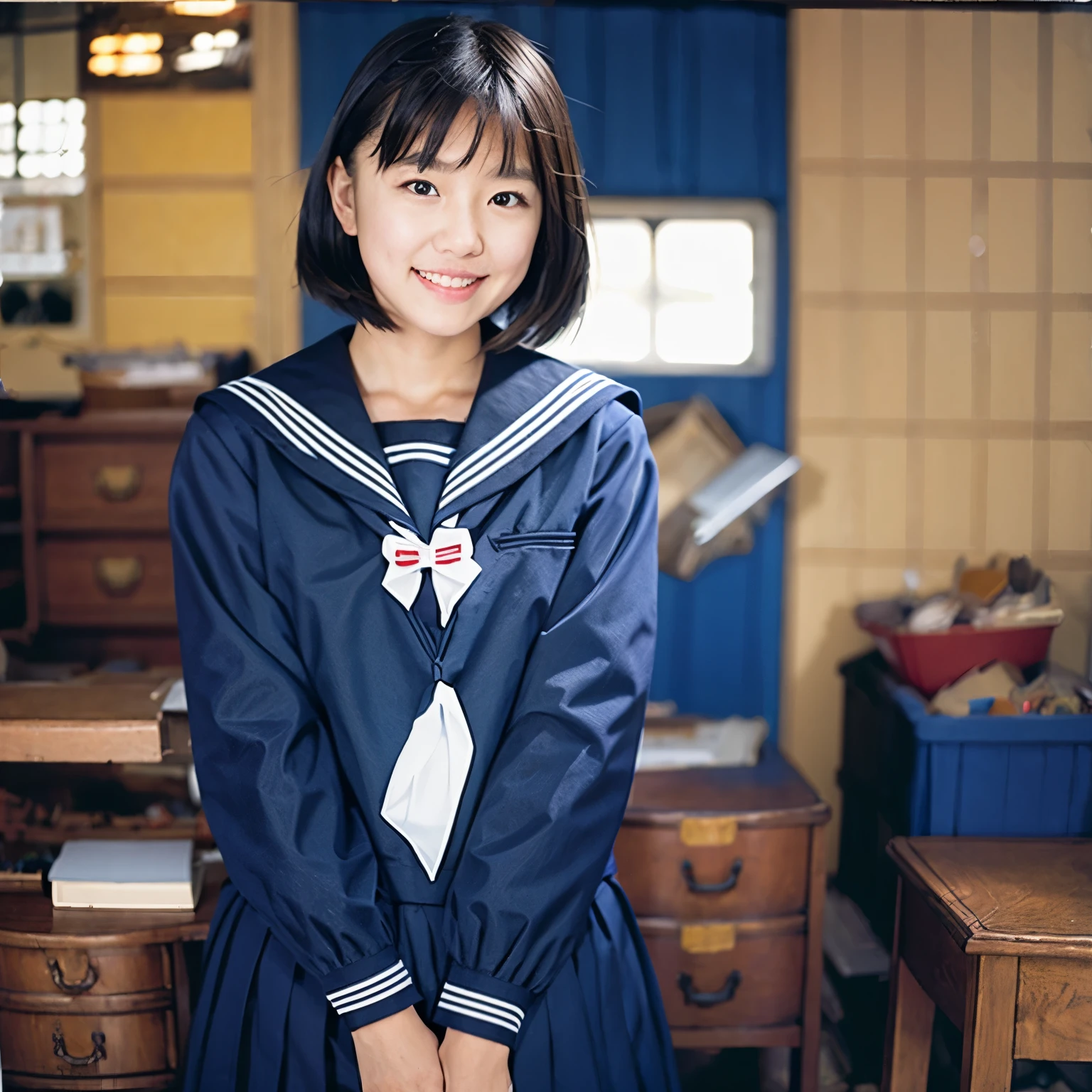 (masterpiece, highest quality:1.2), One girl, alone, Sailor suit, dark blue, Long sleeve, smile