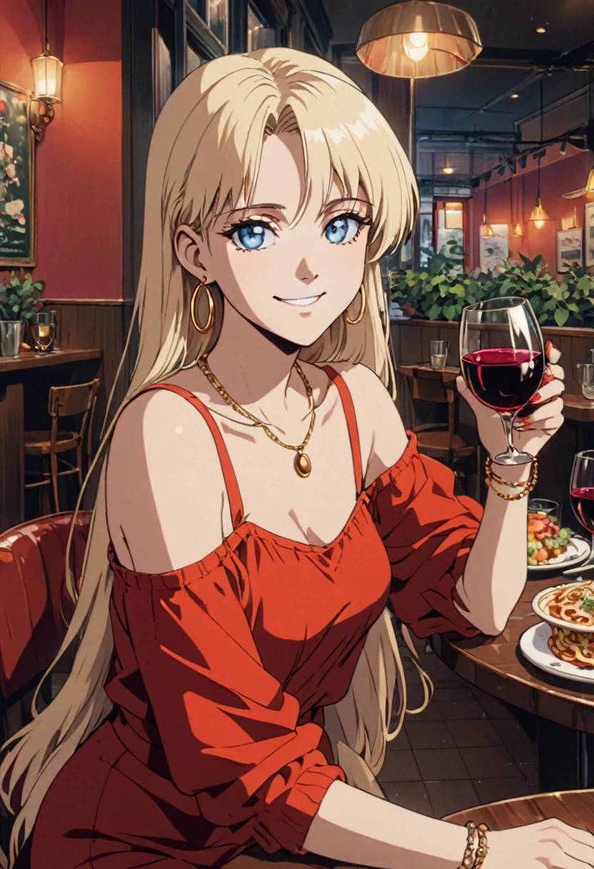 90s Cartoon art style, 90s style, 90s Aesthetics, blue eyes, hoop earrings, very long blonde hair, red dress, necklace, bracelet, looking at viewer, smiling, upper body shot, sitting, behind a table, inside restaurant, table full of food, spaghetti, glass of red wine, warm ambiance, best quality, masterpiece, very aesthetic, perfect composition, intricate details, ultra-detailed