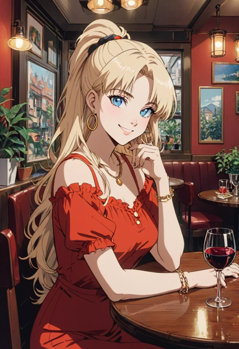 90s Cartoon art style, 90s style, 90s Aesthetics, blue eyes, hoop earrings, very long blonde hair, red dress, necklace, bracelet, looking at viewer, smiling, upper body shot, sitting, behind a table, inside restaurant, table full of food, spaghetti, glass of red wine, warm ambiance, best quality, masterpiece, very aesthetic, perfect composition, intricate details, ultra-detailed