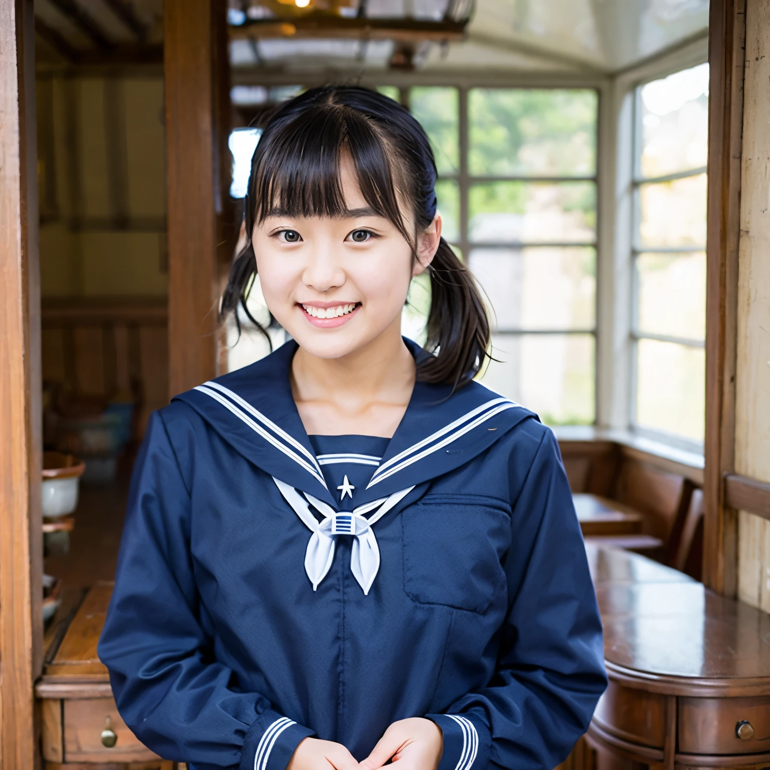 (masterpiece, highest quality:1.2), One girl, alone, Sailor suit, dark blue, Long sleeve, smile