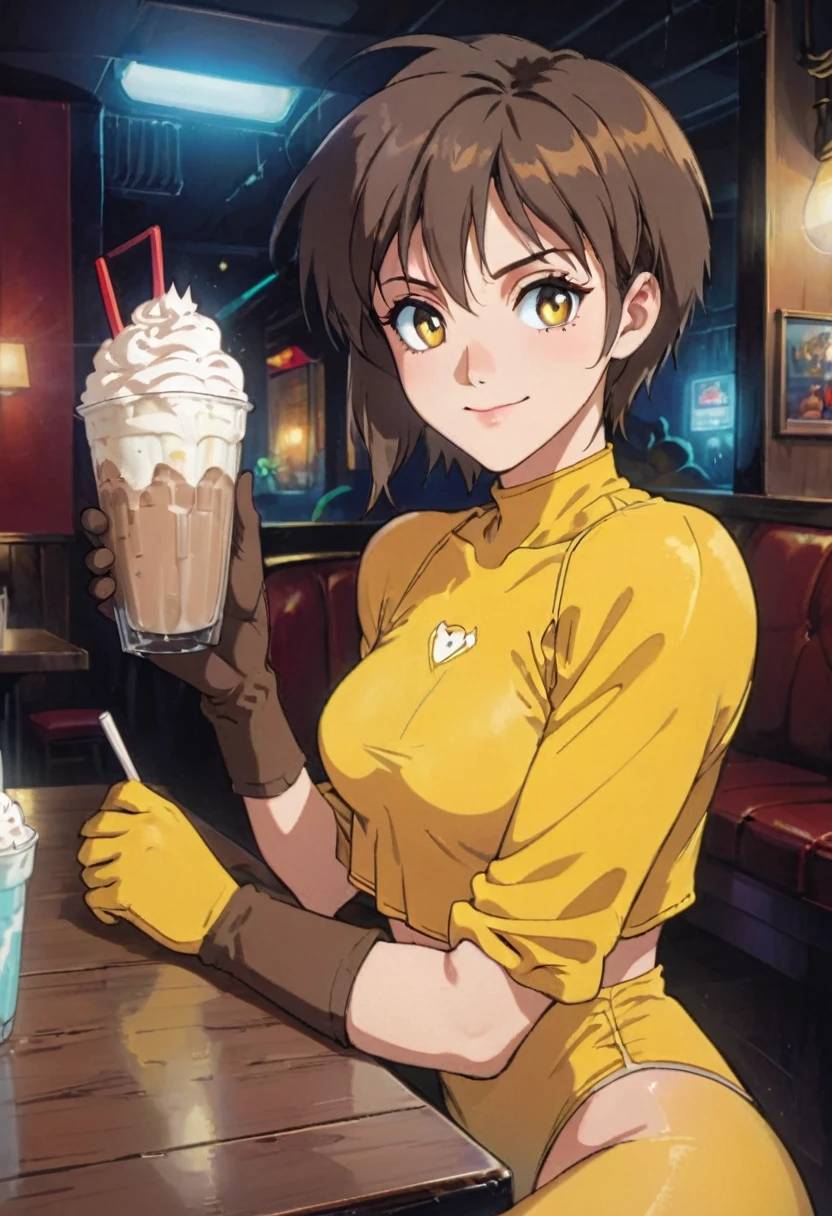 90s Cartoon art style, 90s style, tracer, goggles, short brown hair, cropped jacket, yellow bodysuit, gloves, looking at viewer, smiling, sitting, behind a table, inside restaurant, table, holding frosted milkshake glass, soft lighting, best quality, masterpiece, very aesthetic, perfect composition, intricate details, ultra-detailed