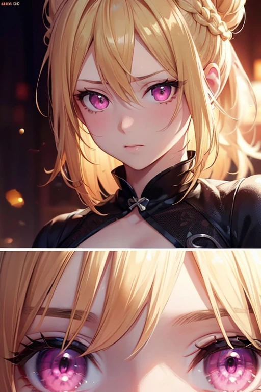 anime girl with blonde hair in a bun, detailed pink eyes, dark circles under eyes, wearing prom dress, realistic, 8k, hyperdetailed, cinematic lighting, concept art, vibrant colors, dramatic shadows, highly detailed facial features, elegant pose, dynamic composition, masterpiece