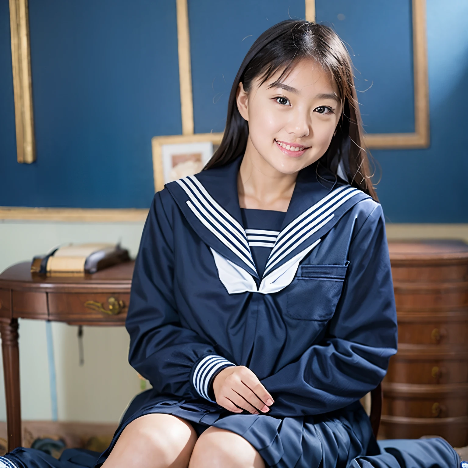 (masterpiece, highest quality:1.2), One girl, alone, Sailor suit, dark blue, Long sleeve, smile