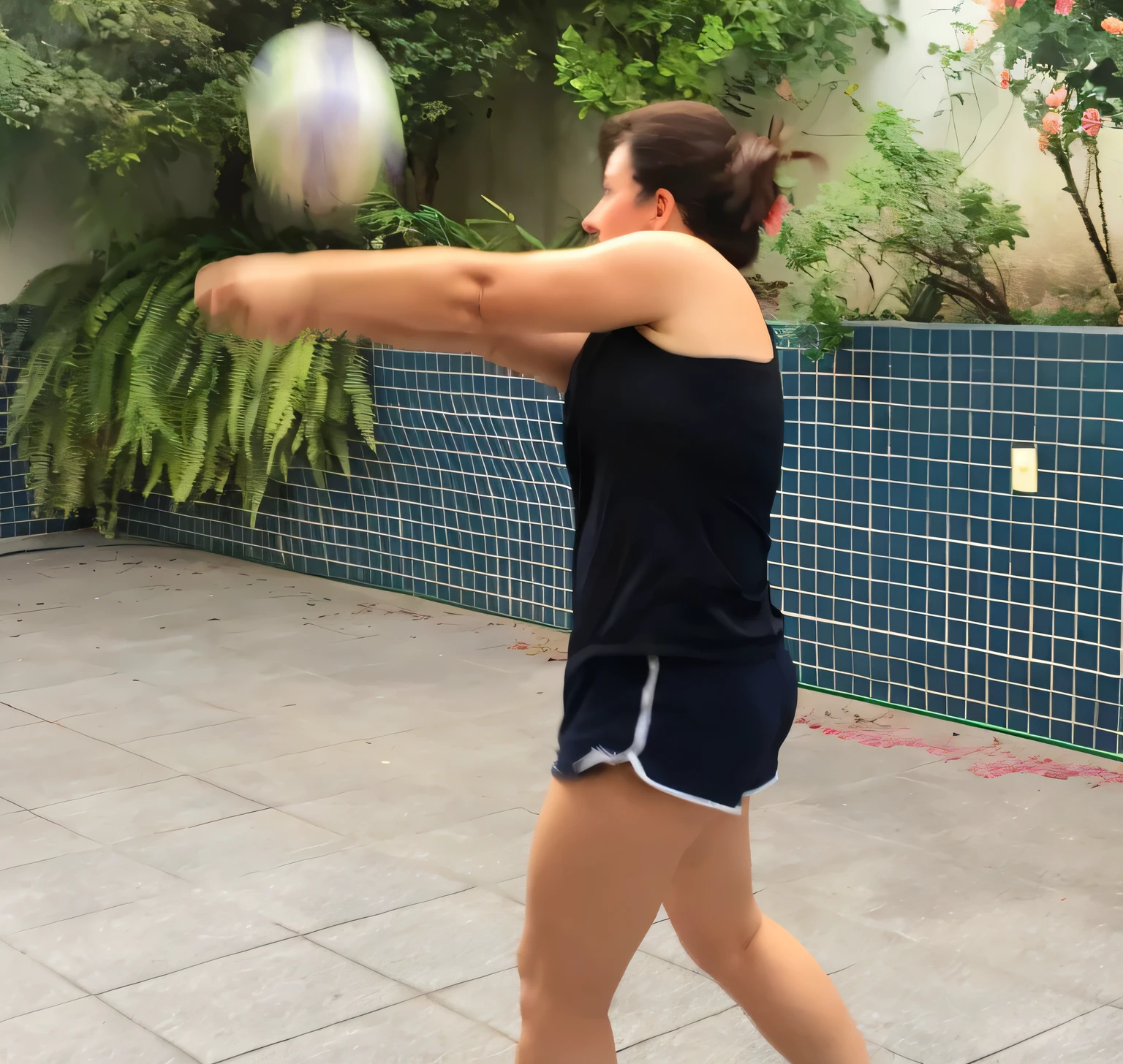 woman in black shirt and shorts swinging a bat at a ball, outside, launching a straight ball, holding a ball, by Amelia Peláez, dynamic action shot, full-body, full - body, shoulder level shot, by Gina Pellón, serving body, mid action swing, by Emma Andijewska, half-body shot