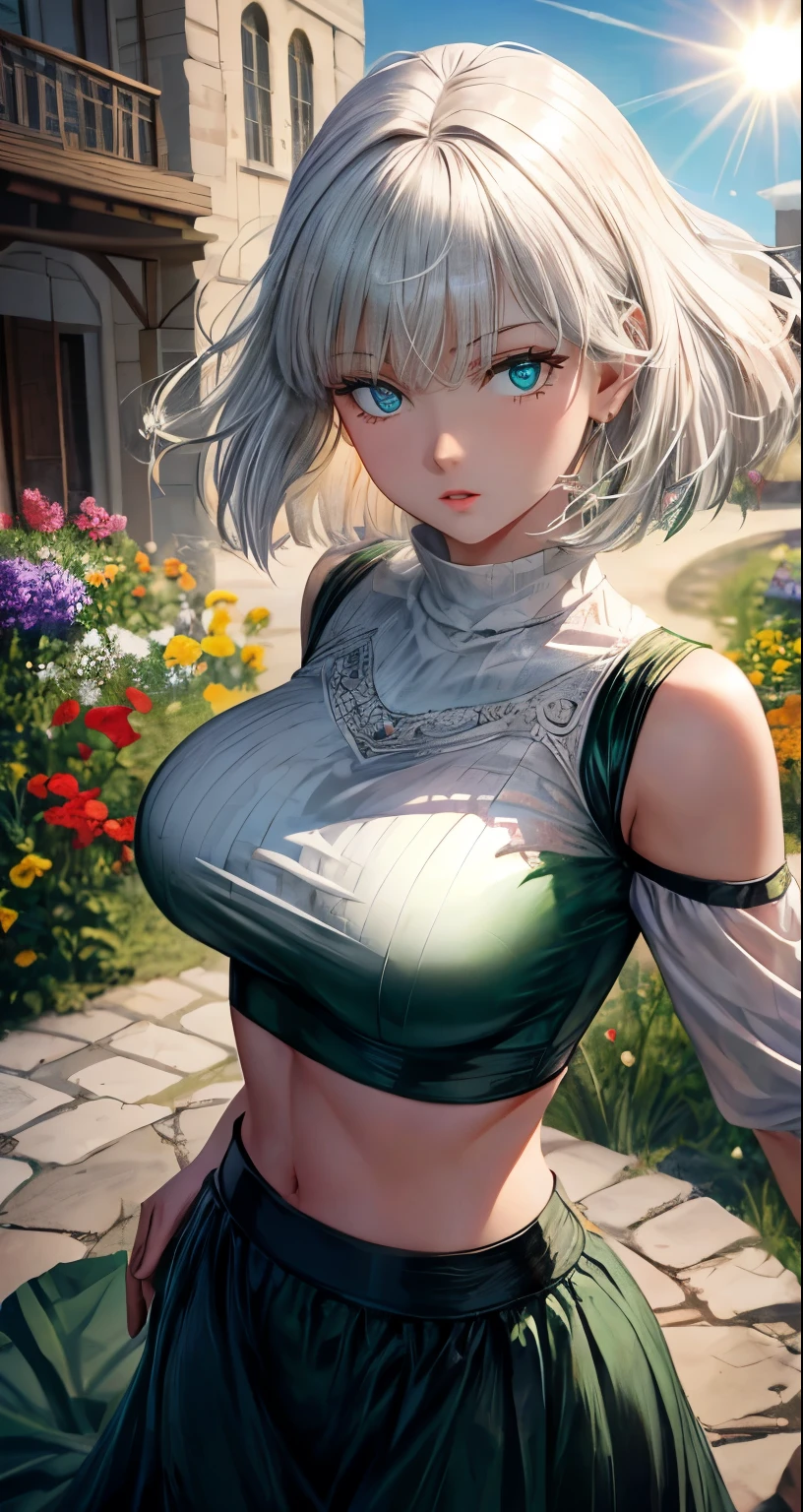 realistic, 1girl, white hair, green eyes, big round breasts, clear white skin, shining eyes, black crop top, dark green skirt, parted lips, rouge, night, flowers, sun, sunshine