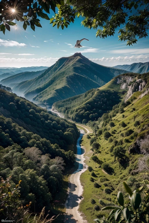 crie um poster de imagem real de um sol no horizonte, com com montanhas, birds and nature