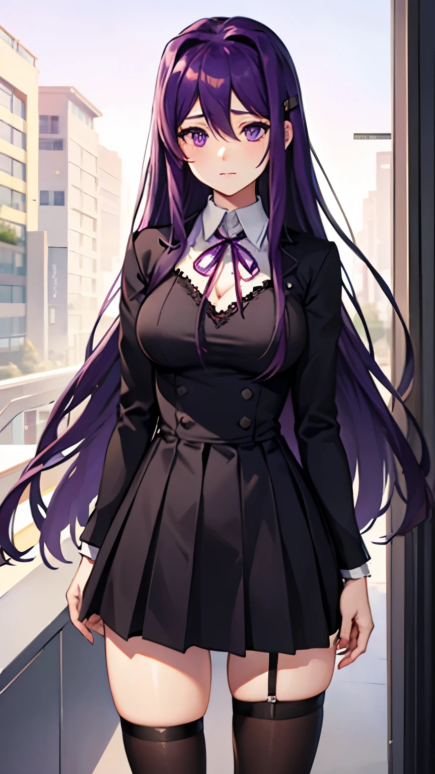 looking at viewer, half body, yuri ddlc, , purple hair, purple eyes, shy, amazing, beautiful, Black dress, legs with tights