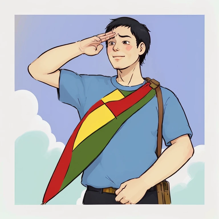 cartoon of a man saluting with a flag in red, green and yellow colors, inspired by Taiyō Matsumoto, saluting, inspired by Junpei Satoh, in the artistic style of quetzecoatl, illustration from wikihow, official fanart, looking proudly into the distance, with a face happy, a smile on his face, harry volk clip art style, flag on his right shoulder, with four outstretched fingers touching his forehead and his thumb bent in salute.