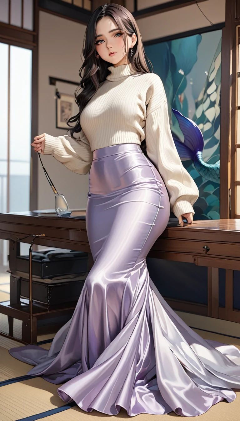 (masterpiece,highest quality,超A high resolution),Japanese women, (((Very beautiful 25 year old girl))),Long sleeve sweater、((A mermaid-style high-waisted long skirt made of satin))、The length of the skirt is up to the ankle、