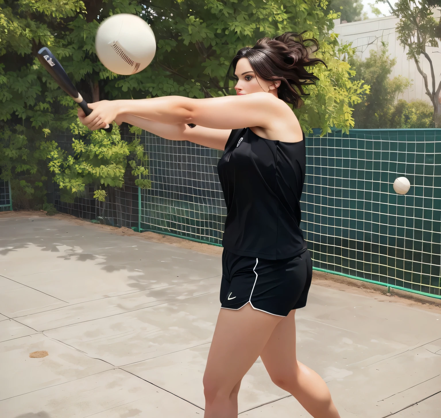 Woman in black top and black shorts swinging a bat at a ball, outside, throwing a straight ball, holding a ball, dynamic action shot, full body, full body, shoulder height shot, body serving, swing in middle of the action.

A beautiful Brazilian woman, with white skin, dark brown hair. She is around 40 years old, 162 cm tall and weighs 56 kg. Her body exudes glamor and her face is a definition of beauty. Slender body, thin waist. Highly realistic, hyperrealism, very elaborate skin, high quality photo. Sharp Photo, High Resolution, High Quality, Masterpiece, 16K Photo, Sharp Photo, High Contrast, Masterpiece, (Photographically Realistic), NUDE, NUDITY, NFSW.