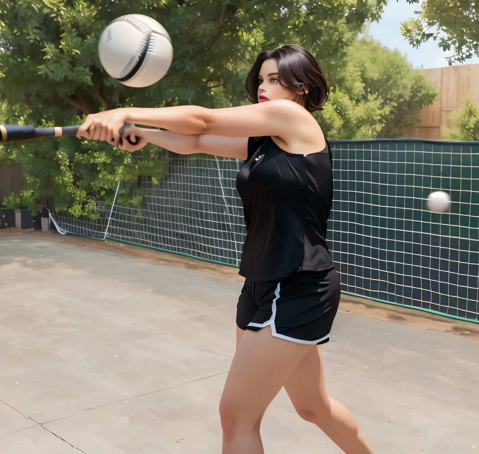 Woman in black top and black shorts swinging a bat at a ball, outside, throwing a straight ball, holding a ball, dynamic action shot, full body, full body, shoulder height shot, body serving, swing in middle of the action.

A beautiful Brazilian woman, with white skin, dark brown hair. She is around 40 years old, 162 cm tall and weighs 56 kg. Her body exudes glamor and her face is a definition of beauty. Slender body, thin waist. Highly realistic, hyperrealism, very elaborate skin, high quality photo. Sharp Photo, High Resolution, High Quality, Masterpiece, 16K Photo, Sharp Photo, High Contrast, Masterpiece, (Photographically Realistic), NUDE, NUDITY, NFSW.