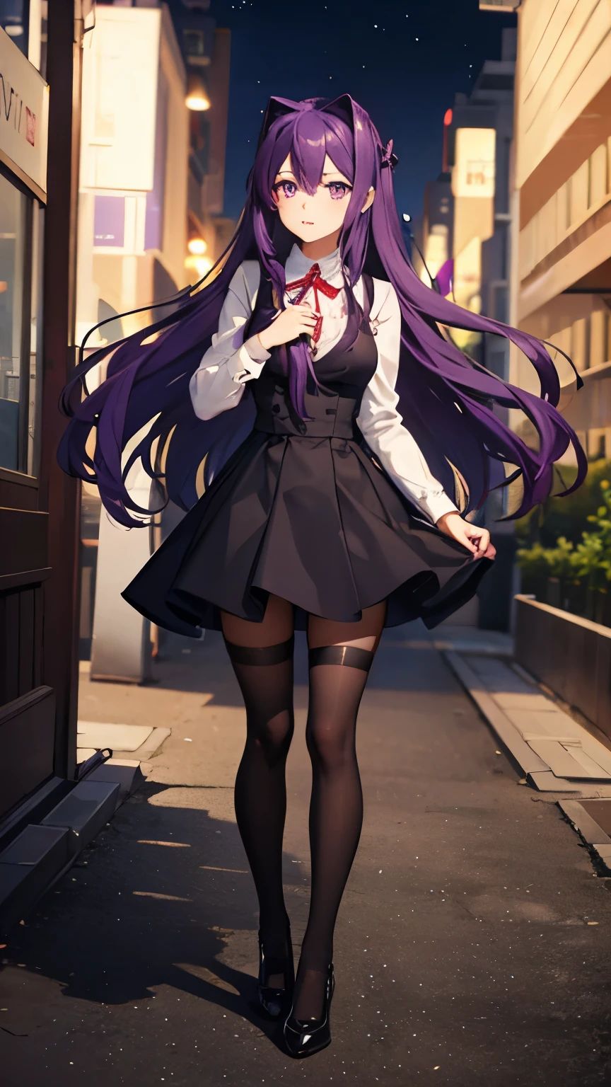 looking at viewer, half body, yuri ddlc, , purple hair, purple eyes, shy, amazing, beautiful, Black dress, legs with tights