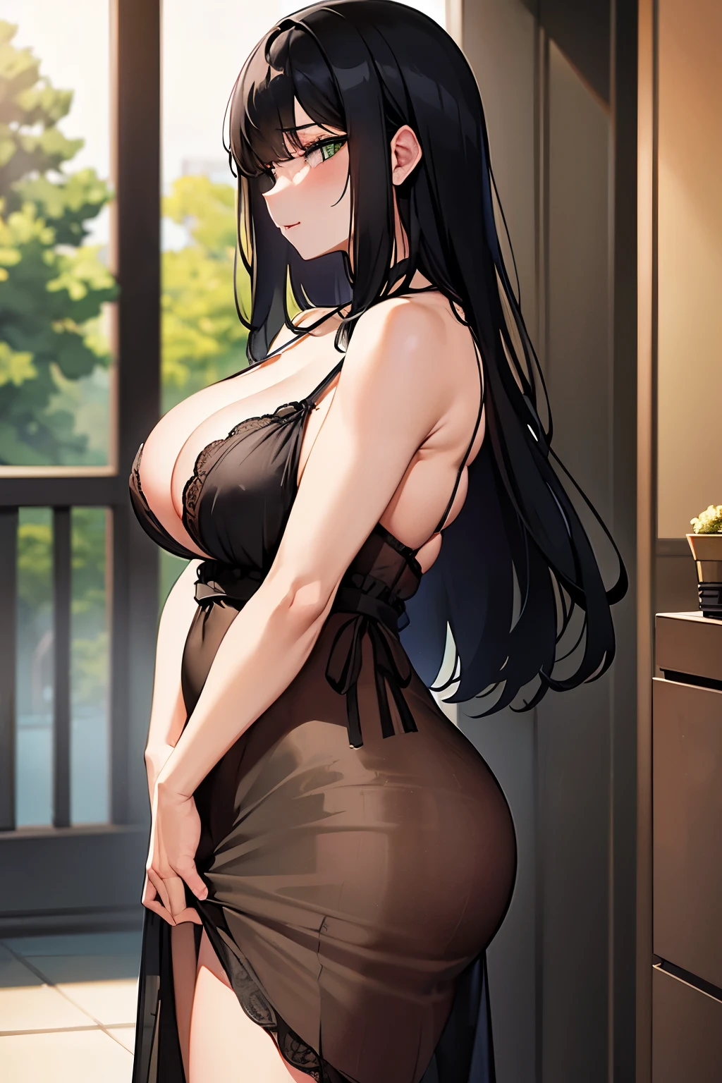 big naked breasts, black lace panties, 40 years old woman, black hair, 1.82 height, green transparent nightgown, nude