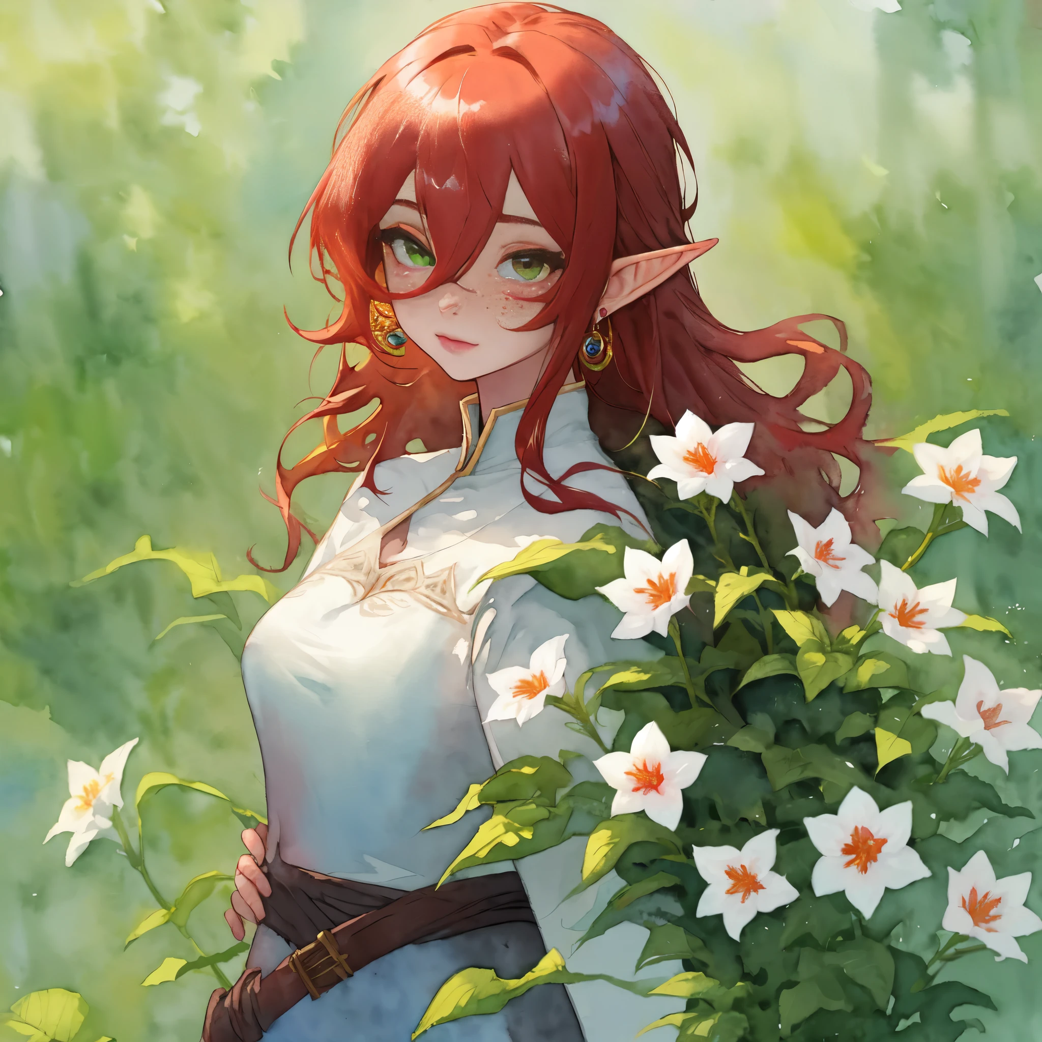 (watercolor: 1.2), elf princess, flower, freckles, bangs, redhead, long hair, green eyes, hair between eyes, flower earrings