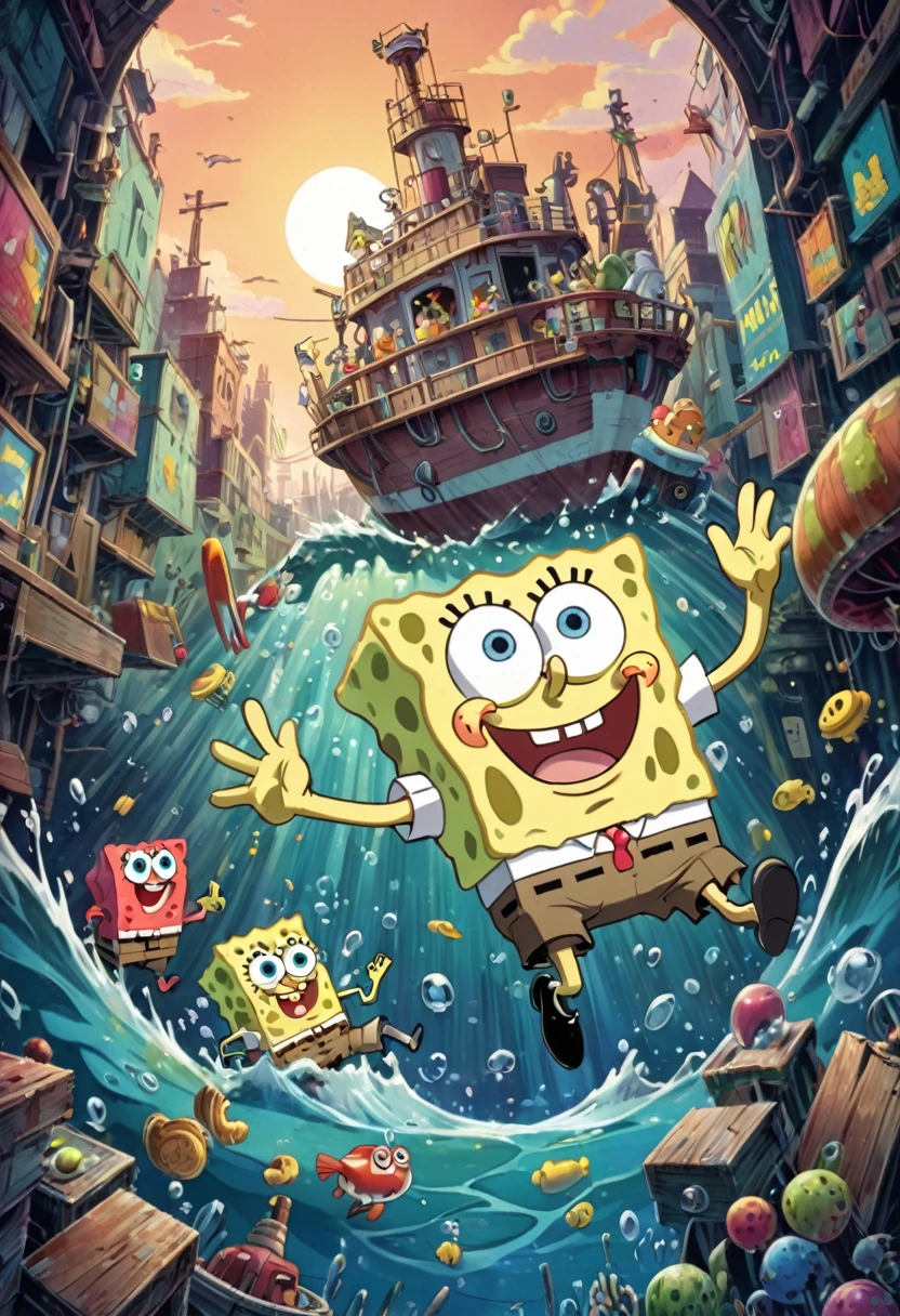 90s Cartoon art style, 90s style, (SpongeBob SquarePants), best quality, masterpiece, very aesthetic, perfect composition, intricate details, ultra-detailed