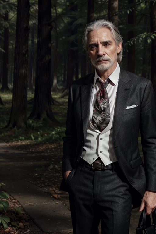 Macon Ravenwood, Jeremy Irons, Teen Wolf, 95 years old, short, messy, platinum white gray hair, green eyes, elegant black jacket, white shirt, red tie, elegant red dress with black rose print, black dress shoes, fox pendant , black fox print. Forest background aura around black color.