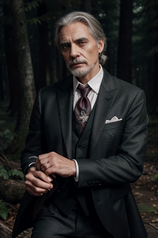 Macon Ravenwood, Jeremy Irons, Teen Wolf, 95 years old, short, messy, platinum white gray hair, green eyes, elegant black jacket, white shirt, red tie, elegant red dress with black rose print, black dress shoes, fox pendant , black fox print. Forest background aura around black color.