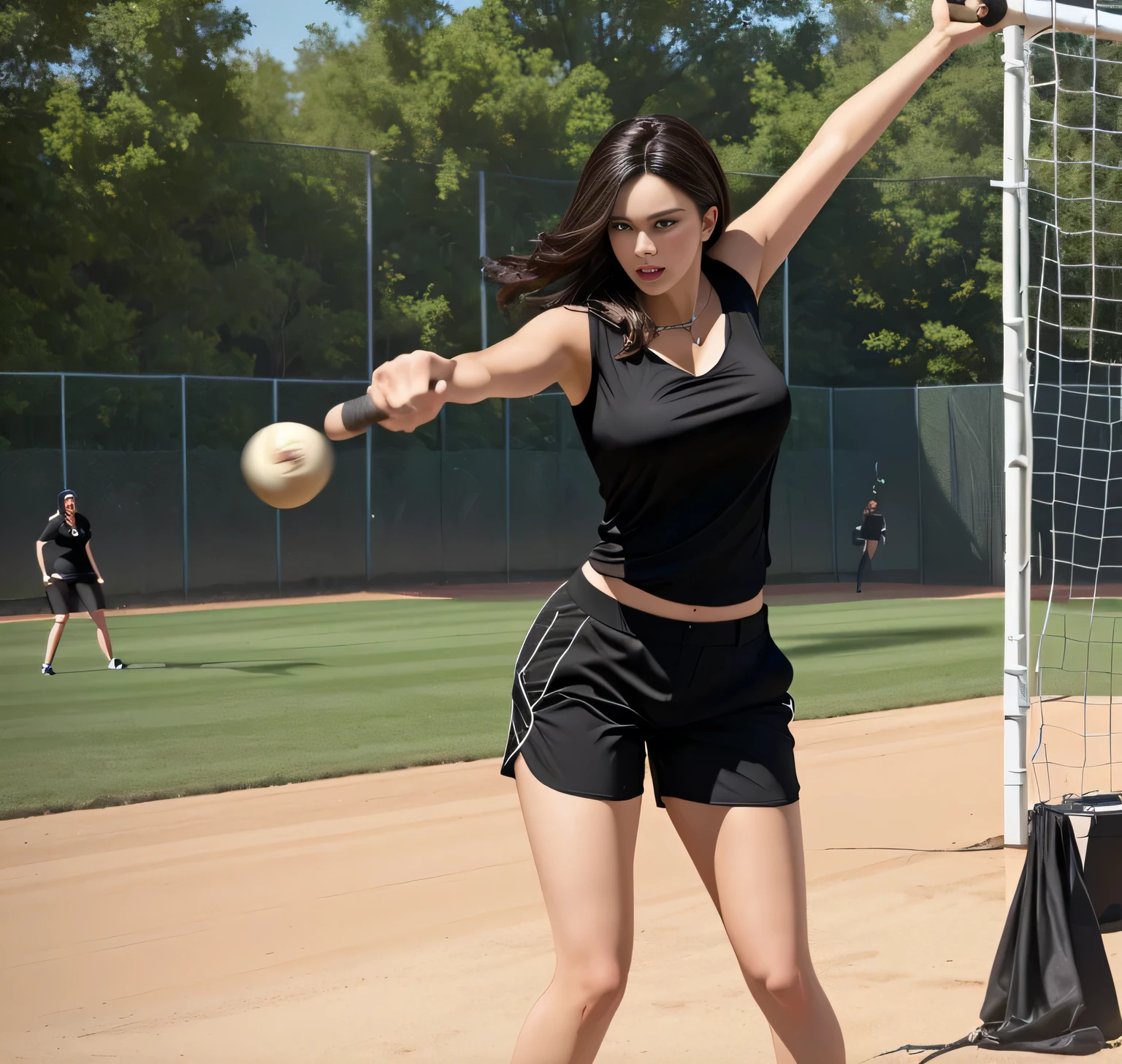Woman in black top and black shorts swinging a bat at a ball, outside, throwing a straight ball, holding a ball, dynamic action shot, full body, full body, shoulder height shot, body serving, swing in middle of the action.
A beautiful Brazilian woman, with white skin, dark brown hair. She is around 40 years old, 162 cm tall and weighs 56 kg. Her body exudes glamor and her face is a definition of beauty. Slender body, thin waist. Highly realistic, hyperrealism, very elaborate skin, high quality photo. Sharp Photo, High Resolution, High Quality, Masterpiece, 16K Photo, Sharp Photo, High Contrast, Masterpiece, (Photographically Realistic), NUDE, NUDITY, NFSW.