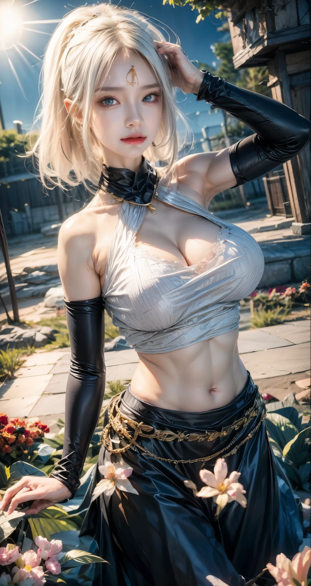 realistic, 1 women, best quality, 12k, HD, long hair, big round breasts, cleavage, ponytail, necklace, jewelry, shorts, short jacket, slim hips, hair tie, yellow eyes, black hair, super detailed, Eye details, hair details, person details, mouth details, face details, breast details, clothes details, hair details, pants details, hand details, whole body