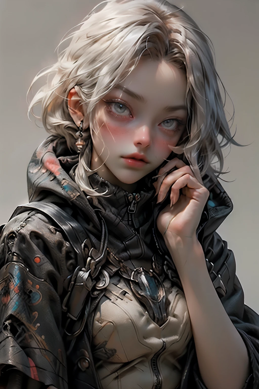 ((best quality)), ((masterpiece)), (detailed), perfect face, ((best quality)), ((masterpiece)), (detailed), perfect face(Golden ratio:1.2),(Fault color:1.3),[(White background:1.4)::10], (full bodyesbian:1.2),(Ultra-detailed:1.3), （white color background）white background, plain background, teens girl，White hair，Red glowing eyes, photorealestic,（（（Red and white trench coat））），（Red scarf)，a black pleated skirt，black t-shirts，longer sleeves，（（With a hood）），side-lighting, NSFW, Depicting female characters from ethereal anime in a high-quality anime art style，，，8K，Red and white shoes with a sense of technology，(chaotic geometric images:1.3),(nagative space:0.8), (ether colorful ink flowing:1.3), a knight, white background, plain background, Bloodborne inspired, tatty Bloodborne attire, occult aesthetic, occult, tatty red and white clothing detailed and intricate steampunk and detailed gothic lolita (with a hood), long coat, Complex laced boots, Fluttering lace flared long knee length dress with frilly petticoats, long dress, knee length dress, pleated petticoats, lolita dress, petticoats gothic lolita, beautiful small breasts, (((( Highly detailed face))), small thin nose, Small thin lips mouth, (((Very sharp focused eyes))), Very large slit precision pale grey eyes that shine like jewels. very long eyelashes, Silver hair swaying in the wind, Emitting a dazzling light in a mandala pattern, white background, Very dramatic and cinematic lighting, tatty damaged old red and white clothing, full body, whole body, body, cosmic horror, grim dark