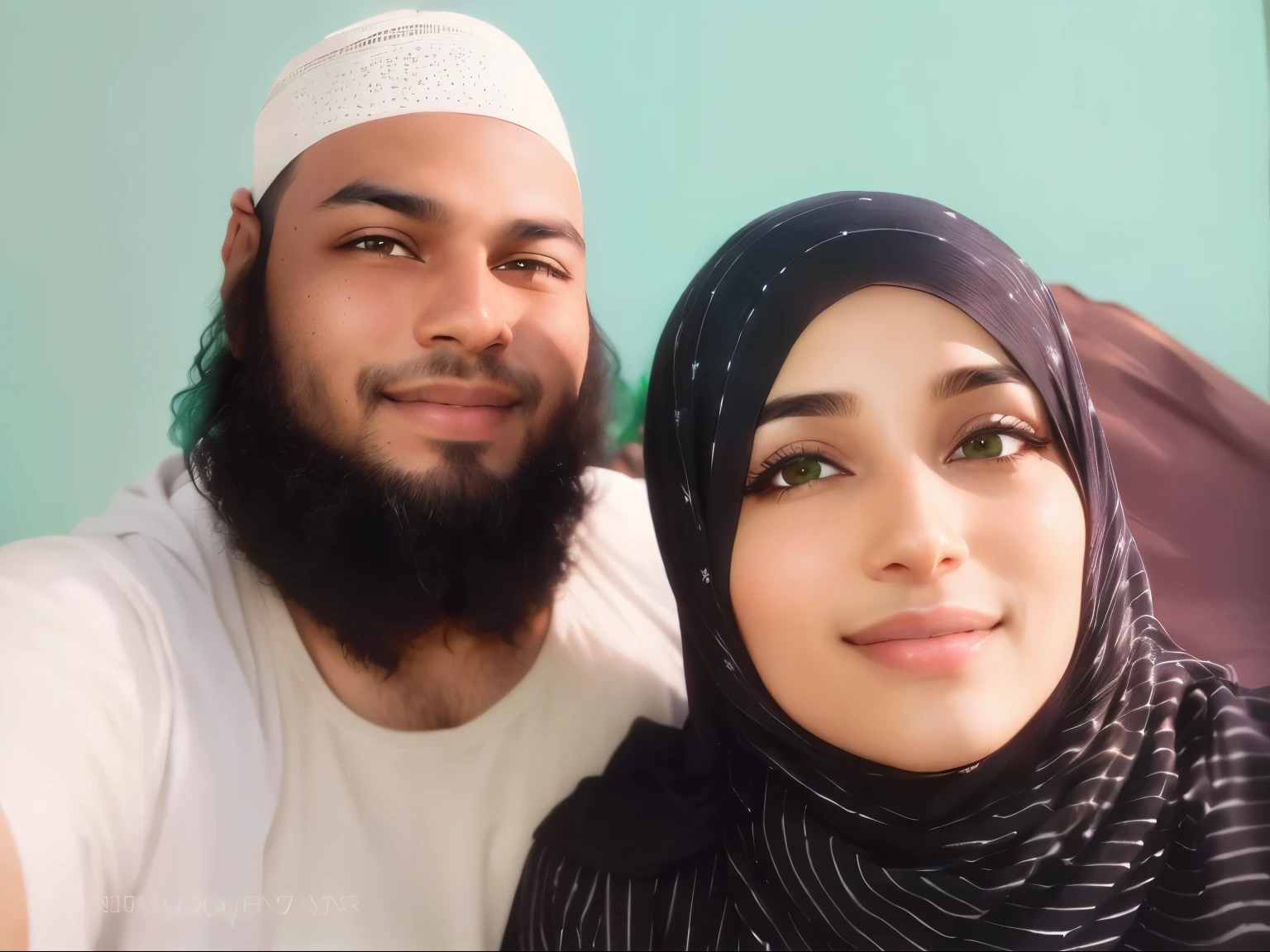 muslim couple posing for a picture in front of a green wall,  post, lovely couple, couple, very clear picture, ghutra and egal, happy couple, selfie photo, muslim, in love selfie, 8k selfie photograph, couple portrait, selfie shot straight on angle, selfie, riyahd cassiem, photo taken with nikon d750