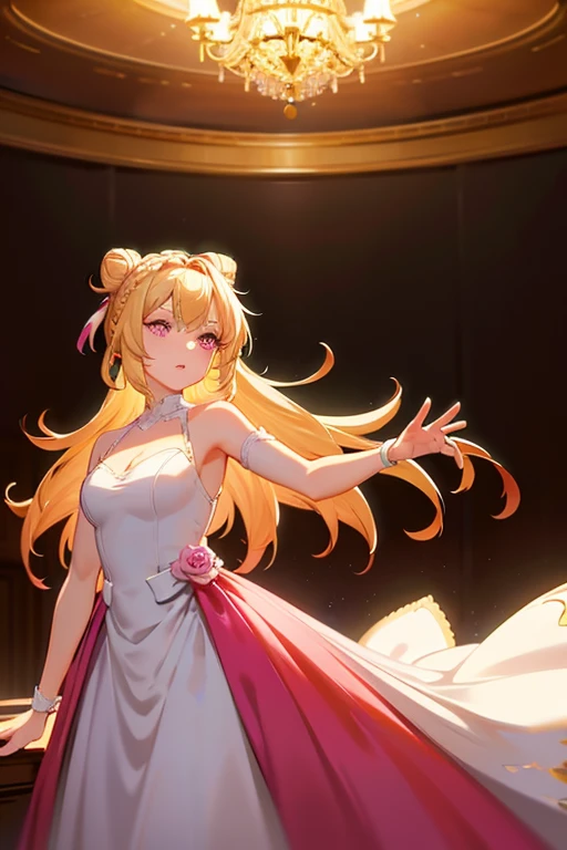 anime girl with blonde hair in a bun, pink eyes, wearing prom dress, realistic, 8k, hyperdetailed, cinematic lighting, concept art, vibrant colors, dramatic shadows, highly detailed facial features, elegant pose, dynamic composition, masterpiece