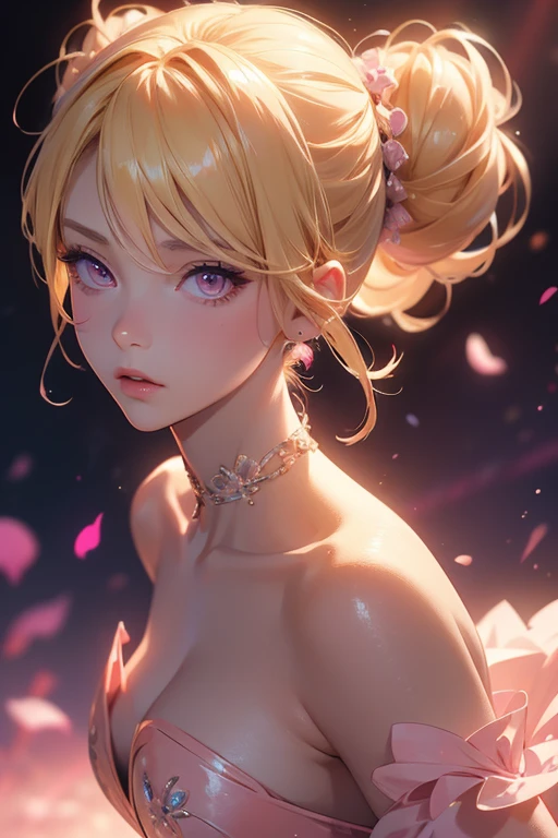 anime girl with blonde hair in a bun, pink eyes, wearing prom dress, realistic, 8k, hyperdetailed, cinematic lighting, concept art, vibrant colors, dramatic shadows, highly detailed facial features, elegant pose, dynamic composition, masterpiece