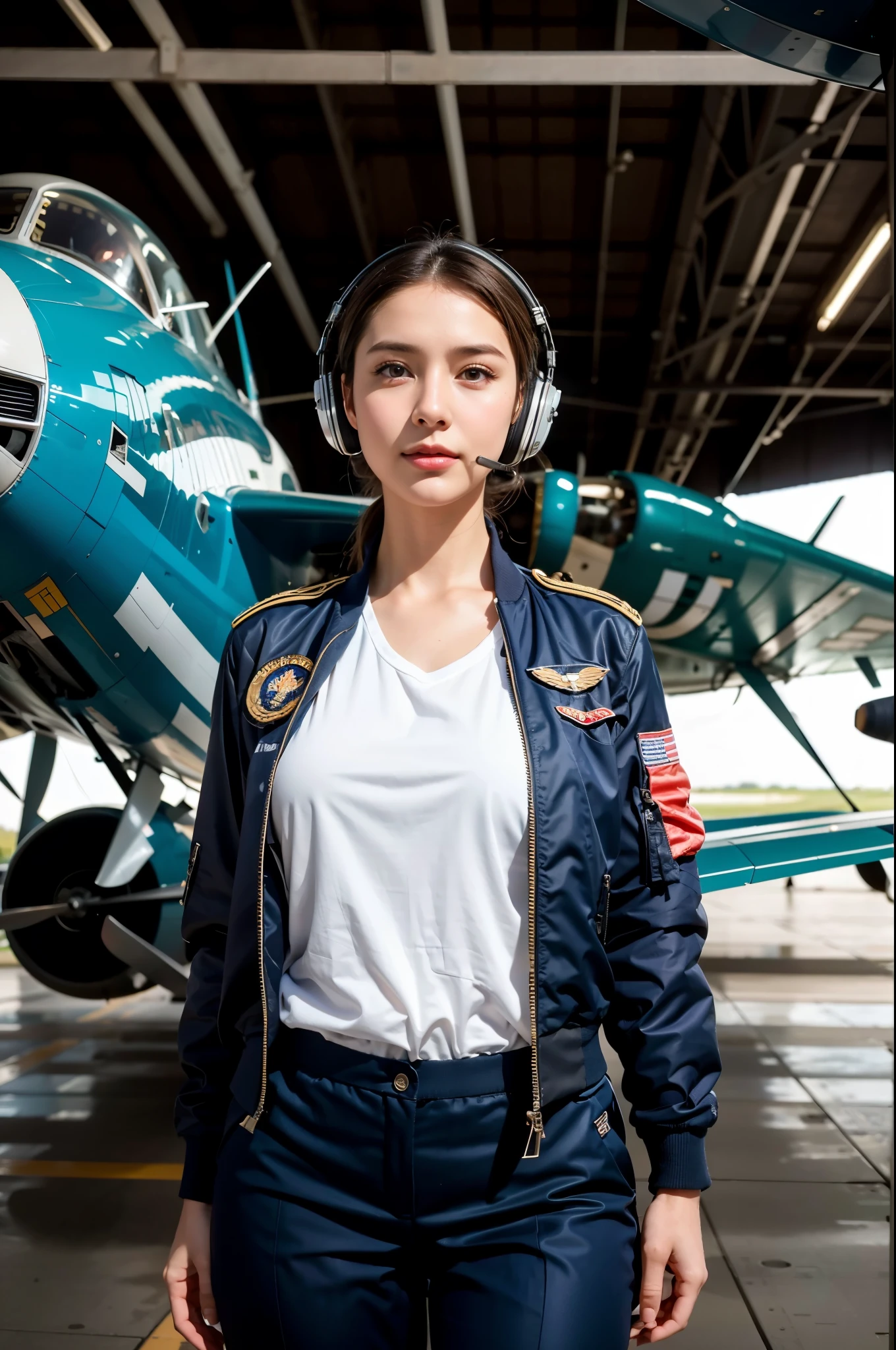 Best quality, ((insanely Realistic RAW photo)), professional photograph, intricate composition, an extremely delicate and beautiful, ultra high res, professional natural lighting and shading, ((Realistic image of a extremely pretty female Aircraft mechanic, solo)), Inside a spacious Aircraft hangar, Vintage airplanes of the World War II era line the background, (Wearing a MA-1 Flight Jacket), (Wearing a headset), (wearing short pants), faint smile, She does aircraft maintenance, very professional mechanic, ((extremely beautifully detailed eyes and face)), ((insanely beautiful natural skin texture)), (Accurate eyes), Accurate hands, Well-balanced overall body