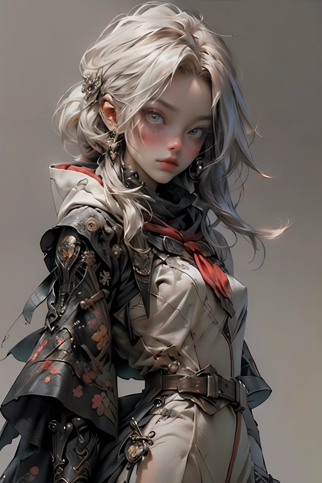 ((best quality)), ((masterpiece)), (detailed), perfect face, ((best quality)), ((masterpiece)), (detailed), perfect face(Golden ratio:1.2),(Fault color:1.3),[(White background:1.4)::10], (full bodyesbian:1.2),(Ultra-detailed:1.3), （white color background）white background, plain background, teens girl，White hair，Red glowing eyes, photorealestic,（（（Red and white trench coat））），（Red scarf)，a black pleated skirt，black t-shirts，longer sleeves，（（With a hood）），side-lighting, NSFW, Depicting female characters from ethereal anime in a high-quality anime art style，，，8K，Red and white shoes with a sense of technology，(chaotic geometric images:1.3),(nagative space:0.8), (ether colorful ink flowing:1.3), a knight, white background, plain background, Bloodborne inspired, tatty Bloodborne attire, occult aesthetic, occult, tatty red and white clothing detailed and intricate steampunk and detailed gothic lolita (with a hood), long coat, Complex laced boots, Fluttering lace flared long knee length dress with frilly petticoats, long dress, knee length dress, pleated petticoats, lolita dress, petticoats gothic lolita, beautiful small breasts, (((( Highly detailed face))), small thin nose, Small thin lips mouth, (((Very sharp focused eyes))), Very large slit precision pale grey eyes that shine like jewels. very long eyelashes, Silver hair swaying in the wind, Emitting a dazzling light in a mandala pattern, white background, Very dramatic and cinematic lighting, tatty damaged old red and white clothing, full body, whole body, body, cosmic horror, grim dark