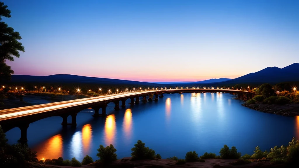 bridge over a wide river, Cars are driving across the bridge, there are many light clouds in the bright blue sky, Late evening, volumetric light