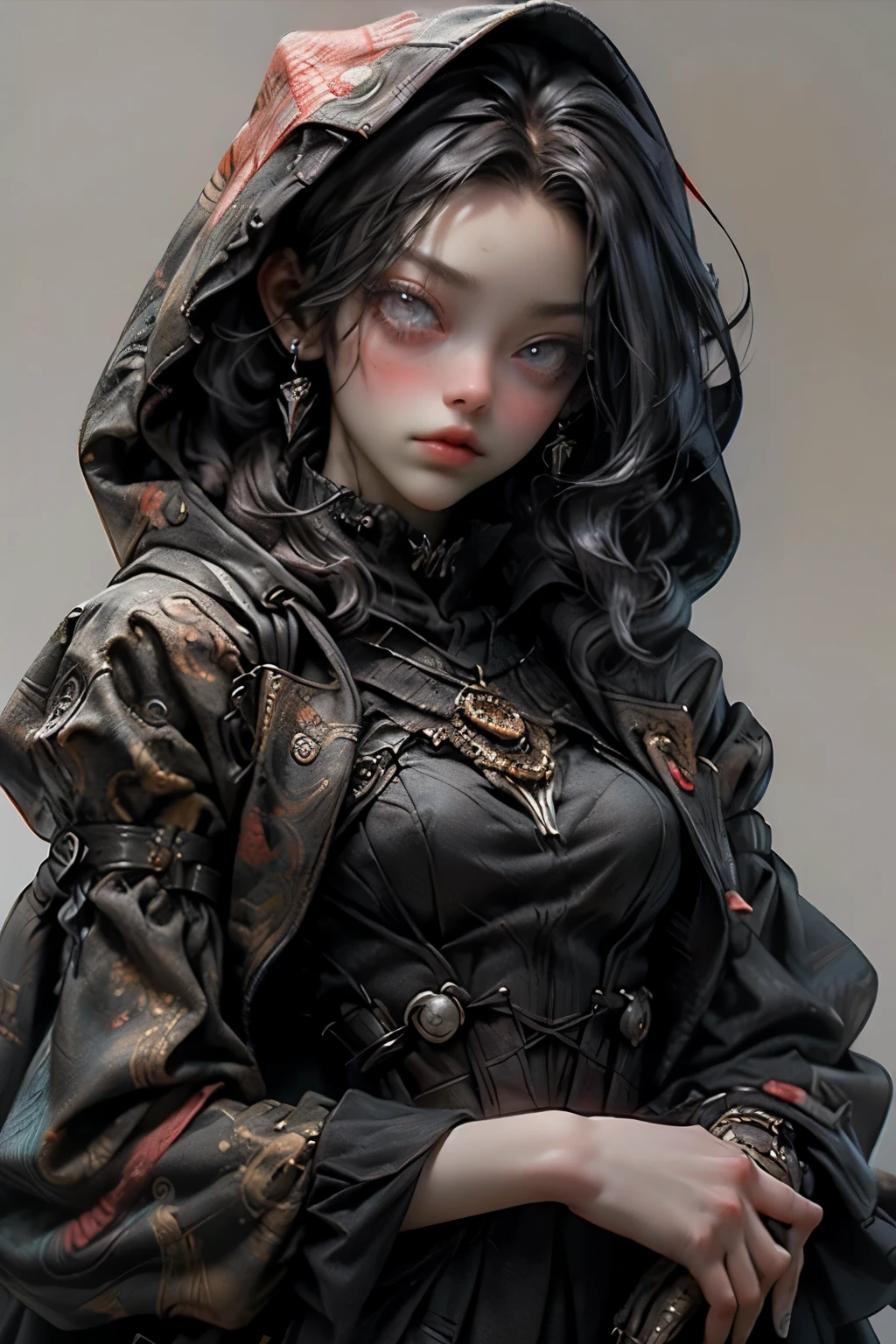 ((best quality)), ((masterpiece)), (detailed), perfect face, ((best quality)), ((masterpiece)), (detailed), perfect face(Golden ratio:1.2),(Fault color:1.3),[(White background:1.4)::10], (full bodyesbian:1.2),(Ultra-detailed:1.3), （white color background）white background, plain background, teens girl，White hair，Red glowing eyes, photorealestic,（（（Red and white trench coat））），（Red scarf)，a black pleated skirt，black t-shirts，longer sleeves，（（With a hood）），side-lighting, NSFW, Depicting female characters from ethereal anime in a high-quality anime art style，，，8K，Red and white shoes with a sense of technology，(chaotic geometric images:1.3),(nagative space:0.8), (ether colorful ink flowing:1.3), a knight, white background, plain background, Bloodborne inspired, tatty Bloodborne attire, occult aesthetic, occult, tatty red and white clothing detailed and intricate steampunk and detailed gothic lolita (with a hood), long coat, Complex laced boots, Fluttering lace flared long knee length dress with frilly petticoats, long dress, knee length dress, pleated petticoats, lolita dress, petticoats gothic lolita, beautiful small breasts, (((( Highly detailed face))), small thin nose, Small thin lips mouth, (((Very sharp focused eyes))), Very large slit precision pale grey eyes that shine like jewels. very long eyelashes, Silver hair swaying in the wind, Emitting a dazzling light in a mandala pattern, white background, Very dramatic and cinematic lighting, tatty damaged old red and white clothing, full body, whole body, body, cosmic horror, grim dark