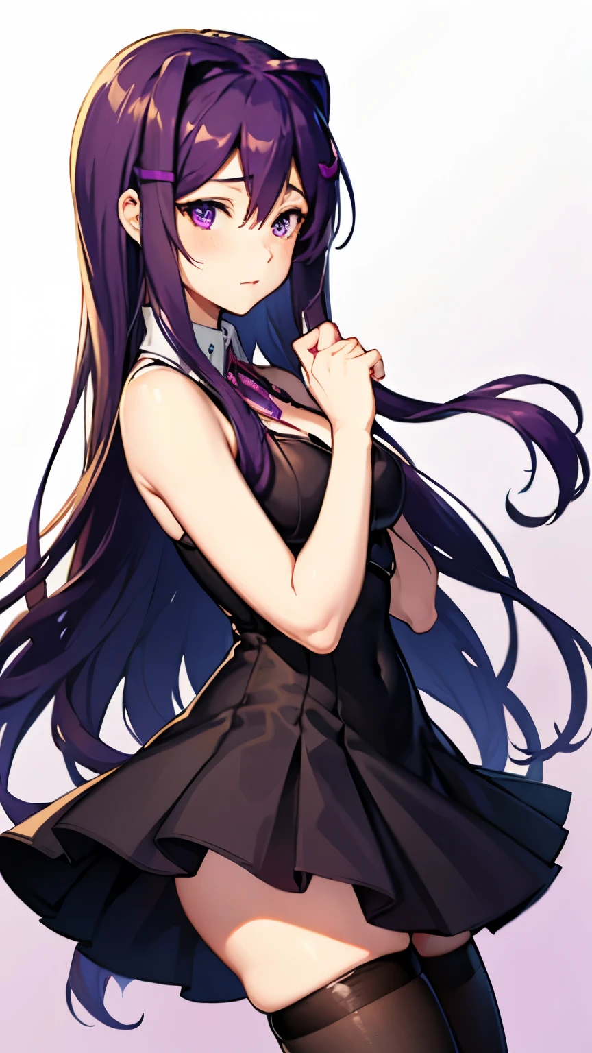 looking at viewer, half body, yuri ddlc, , purple hair, purple eyes, shy, amazing, beautiful, Black dress, legs with tights