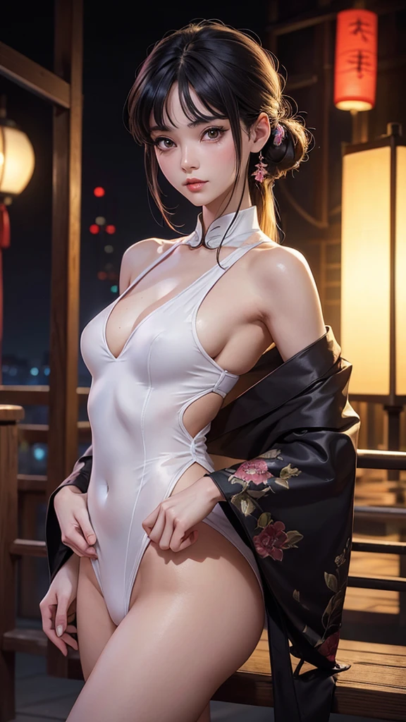 1 girl,standing posture,halter neck, bare shoulders, pantyhose, bodysuit,( see-through:1.2),white bodystocking, nighttime,moon,( huge breasts:1.1),cleavage,shiny skin,lip gloss,( tattoos:1.2), masterpiece, best quality, realistic ,Rich artistic colors, 8K,Portrait art,solo, tamaki