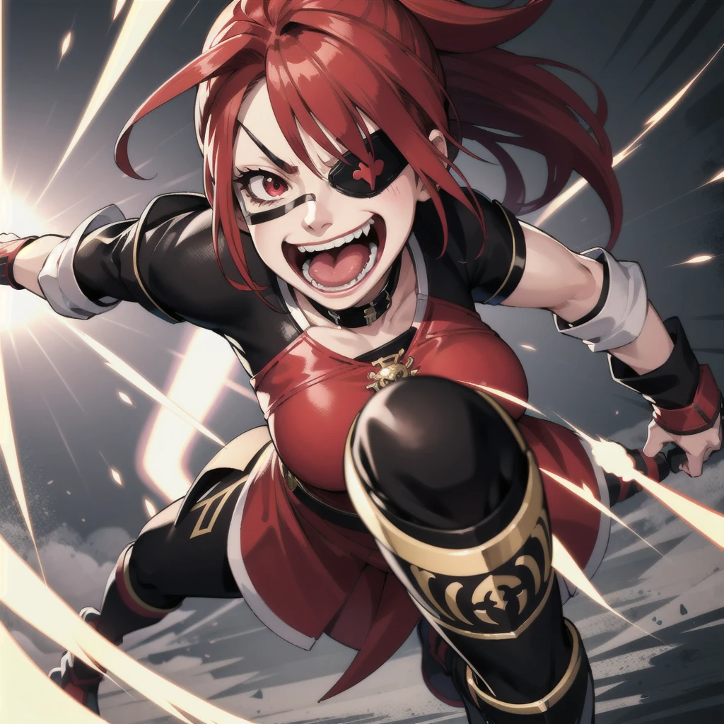 solo,
Girl、Red Hair、Eye patch、Red eyes、Pirate outfit、Laughing with your mouth open、Crazy laughter、Powerful kick、Flashy Action、battle