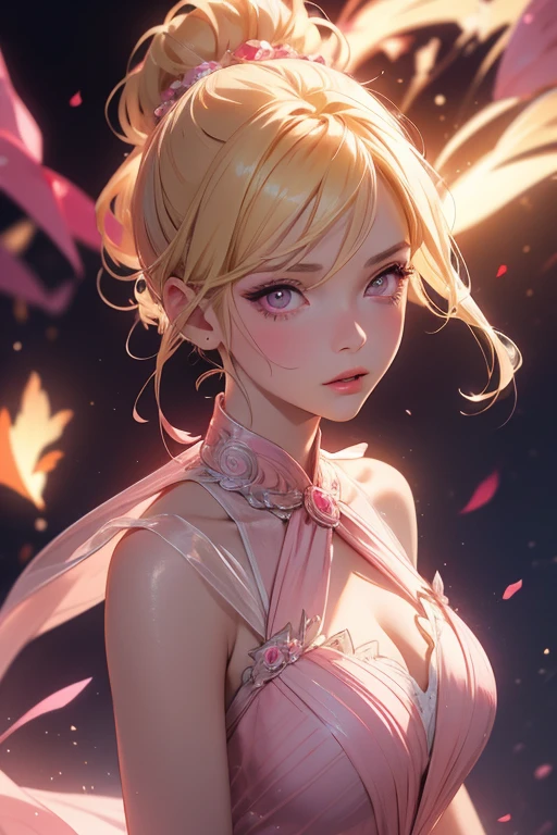 anime girl with blonde hair in a bun, pink eyes, wearing prom dress, realistic, 8k, hyperdetailed, cinematic lighting, concept art, vibrant colors, dramatic shadows, highly detailed facial features, elegant pose, dynamic composition, masterpiece
