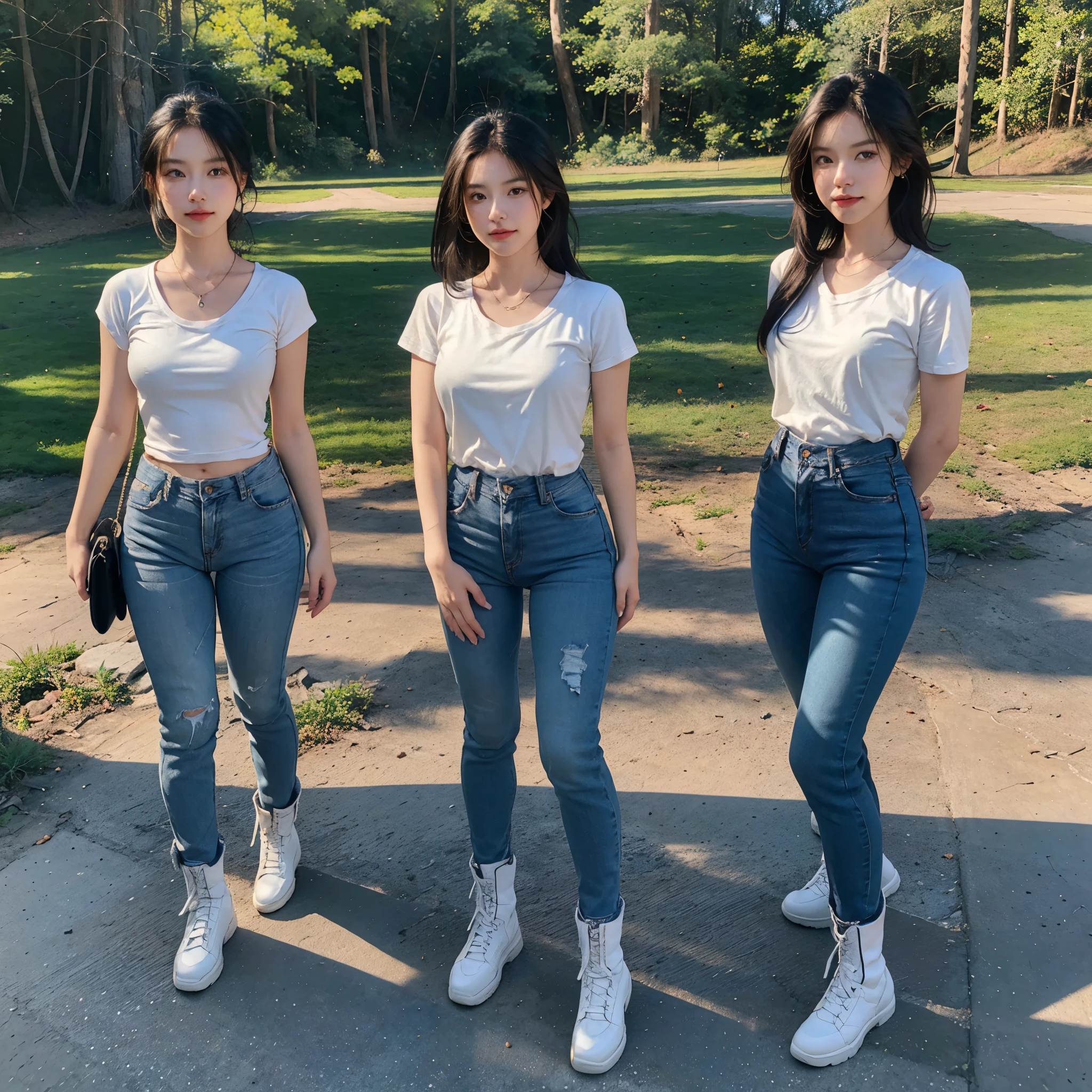 night image, White short-sleeved T-shirt, Toe of the boot, Top with exposed arms, two feet apart. Matching white boot, people standing far apart, long jeans plain jeans or non-distressed jeans, white sneakers, The shirt covers the back the pants, white t-shirt,, shirt large, hands clasped tightly reveal only the palm, without jewelry, asian girl white skin, she wear Clad in long jeans and a white t-shirt , a pair of white leather boots, highly detailed boots, military combat boots, lace-up boots, rugged boots, worn boots, scuffed boots, boots with metal buckles, boots with thick soles, boots with treads, boots in the mud, boots on a dusty road, boots in a forest, boots in an urban setting, boots on a snowy landscape, (best quality,4k,8k,highres,masterpiece:1.2),ultra-detailed,(realistic,photorealistic,photo-realistic:1.37),HDR,UHD,studio lighting,ultra-fine painting,sharp focus,physically-based rendering,extreme detail description,professional, Dark brown long hair, Gigantic well-rounded large breasts breasts :1.2) , full body,， long jeans, big boob，Expose cleavage, night, Whole body, Long legs,, A pretty girl with perfect figure , blue jeans, high jeans, her stunning physique is accentuated, drawing the viewer's attention to her natural beauty and allure, , They are angry with each other, pectoral muscle big clavicular head big, The girls are apart from each other. big Pectoralis Major Muscle., Short-sleeved shirt, Photo of four people apart, Three people separated, White short-sleeved T-shirt, Toe of the boot, Top with exposed arms, two feet apart. Matching white boot, people standing far apart, long jeans plain jeans or non-distressed jeans, white sneakers, The shirt covers the back the pants, white t-shirt,, shirt large, hands clasped tightly reveal only the palm, without jewelry, scoop-neck shirt , scoop neck shirt , necklace exposed , chain visible, Golden sunlight, natural yellow light, each person has their own story
