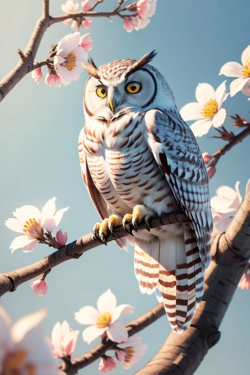 Animated owl stops on the branch of a tree with white flowers