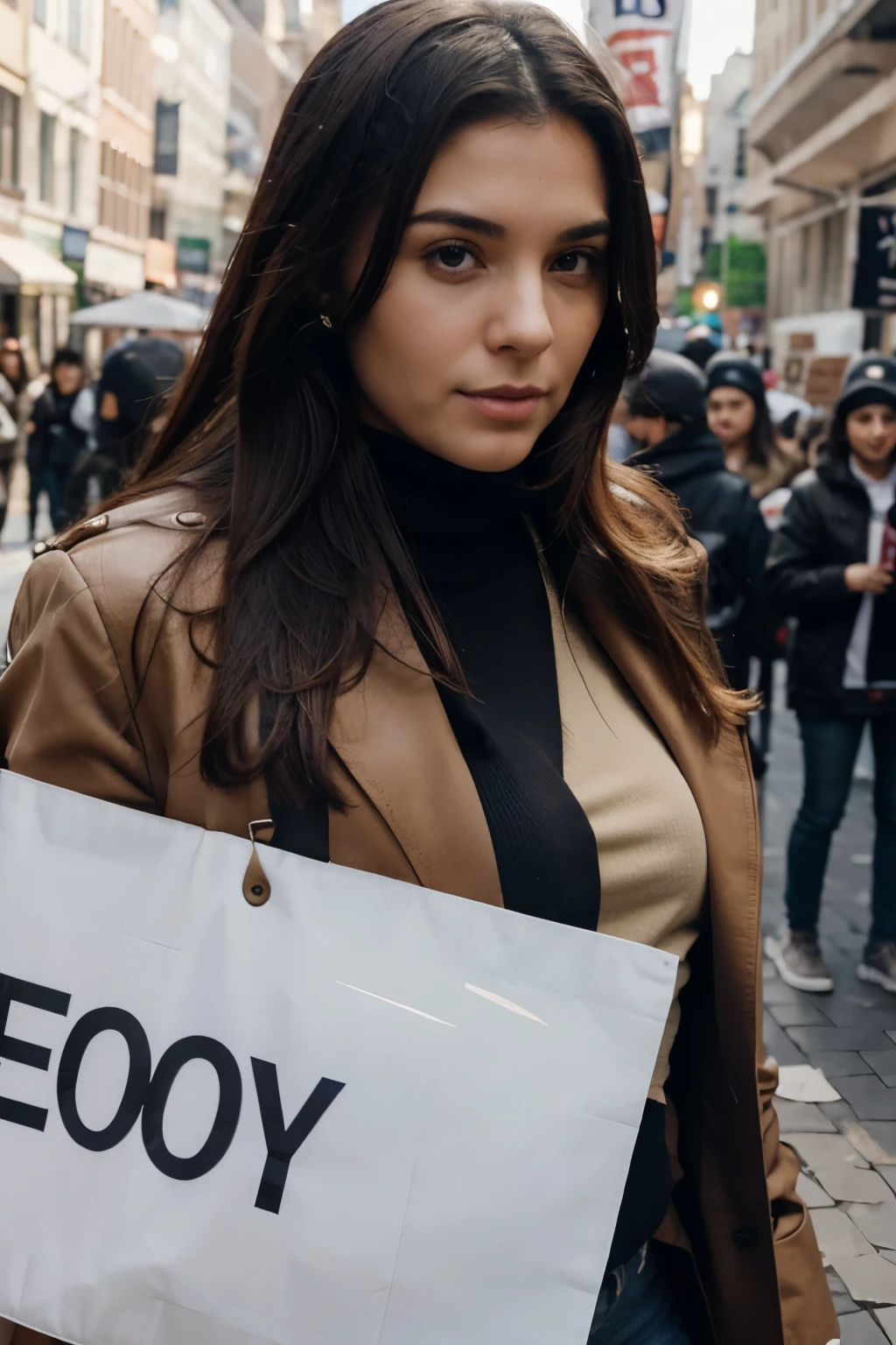 make a woman hold a banner that says 10 - 1000 trading day 1 challenge