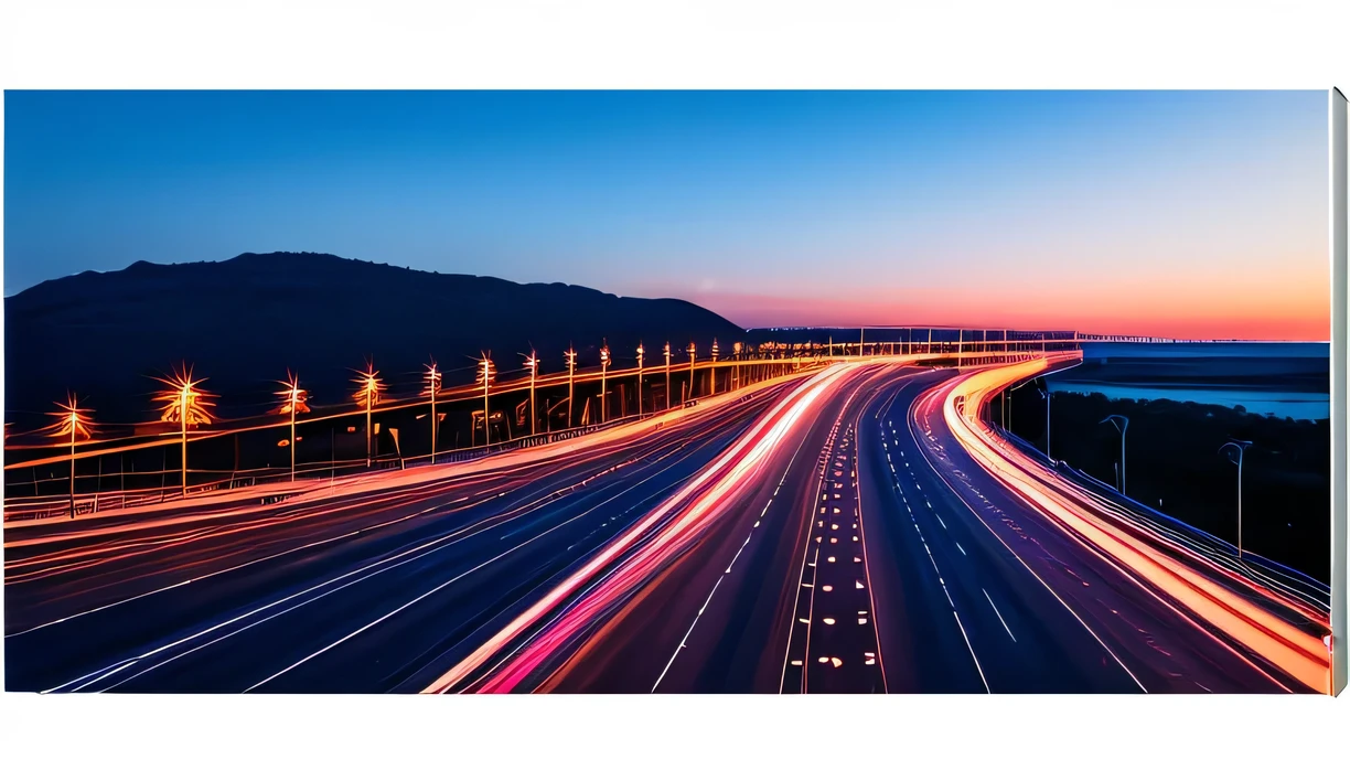 bridge over a wide river, cars driving on the bridge, on the bright blue many light clouds, late evening, voluminous light 