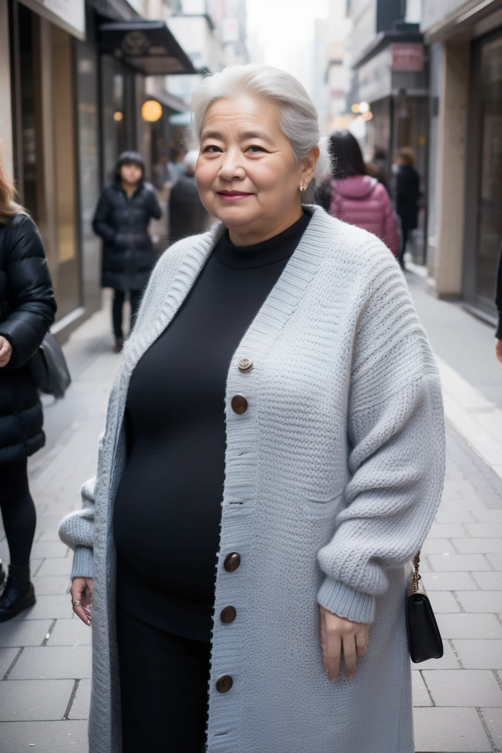 60 years old、Fat ugly woman、Chubby、knit、On the street、Hairstyles Random, I'm dyeing my hair, A big smile(super high quality)((highest quality))