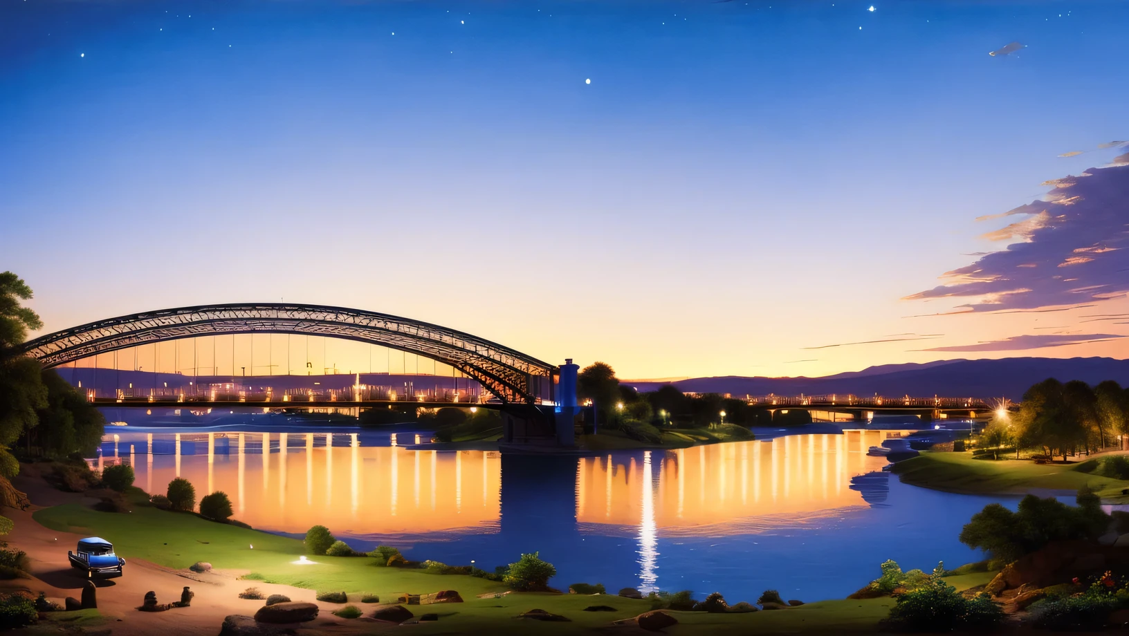 bridge over a wide river, Cars are driving across the bridge, there are many light clouds in the bright blue sky, Late evening, volumetric light